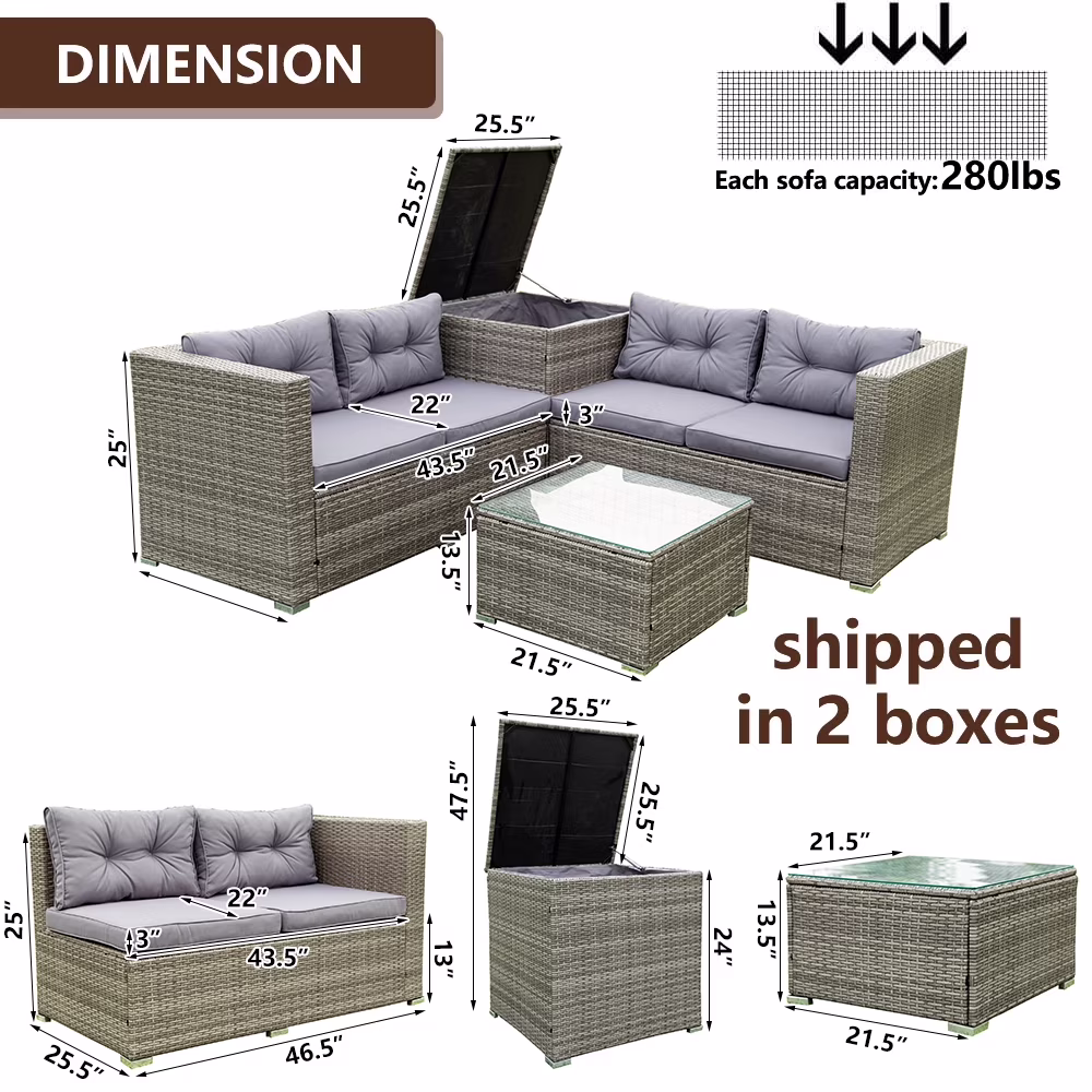 Segmart 4-Piece Outdoor Rattan Patio Sofa Set, All-Weather Wicker Sectional Furniture with Cushions, Glass Table, and Storage Box (Beige, 4-Piece Set) XhXKh