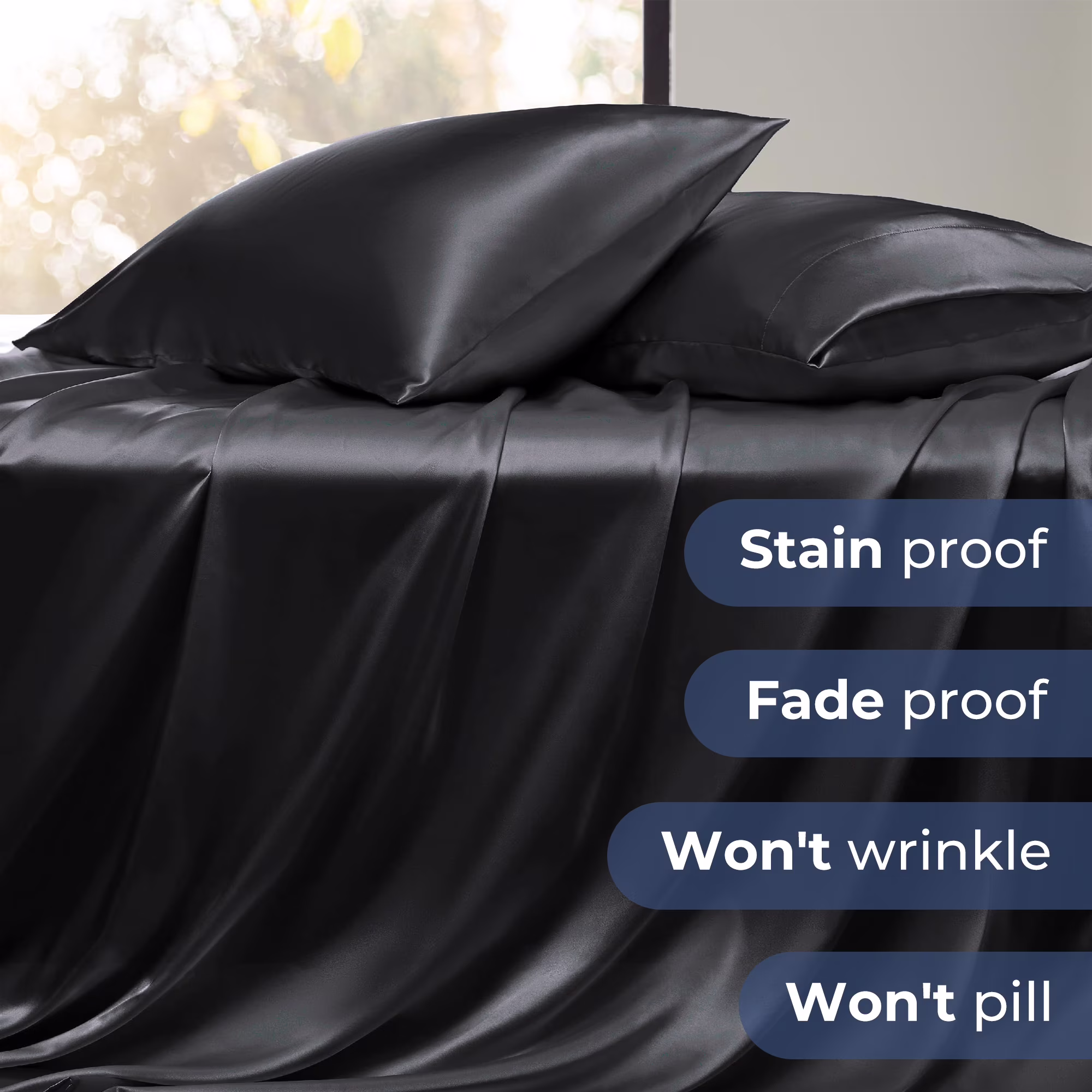 Seasonwood Satin Sheet Set, Silky Bedding Collection, Wrinkle-Resistant & Breathable (Black, Queen, 4-Piece Set) 1HWLj - Image 3
