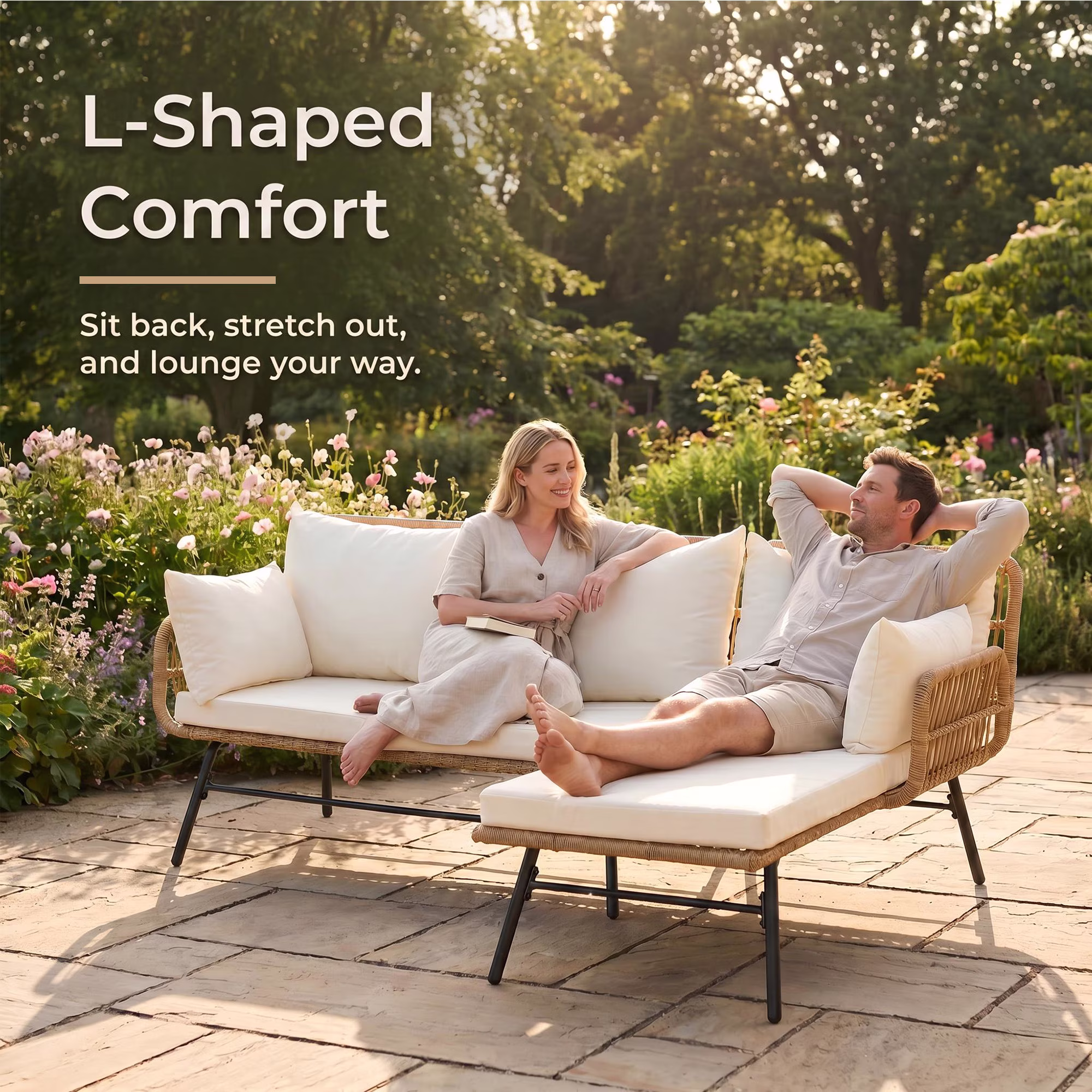 RADIATA 5-Piece Boho Outdoor Patio Furniture Set with Double Egg Chair, Sectional Sofa, Side Table, and Ice Bucket (Beige, 5-Piece Set) qIwpw - Image 4