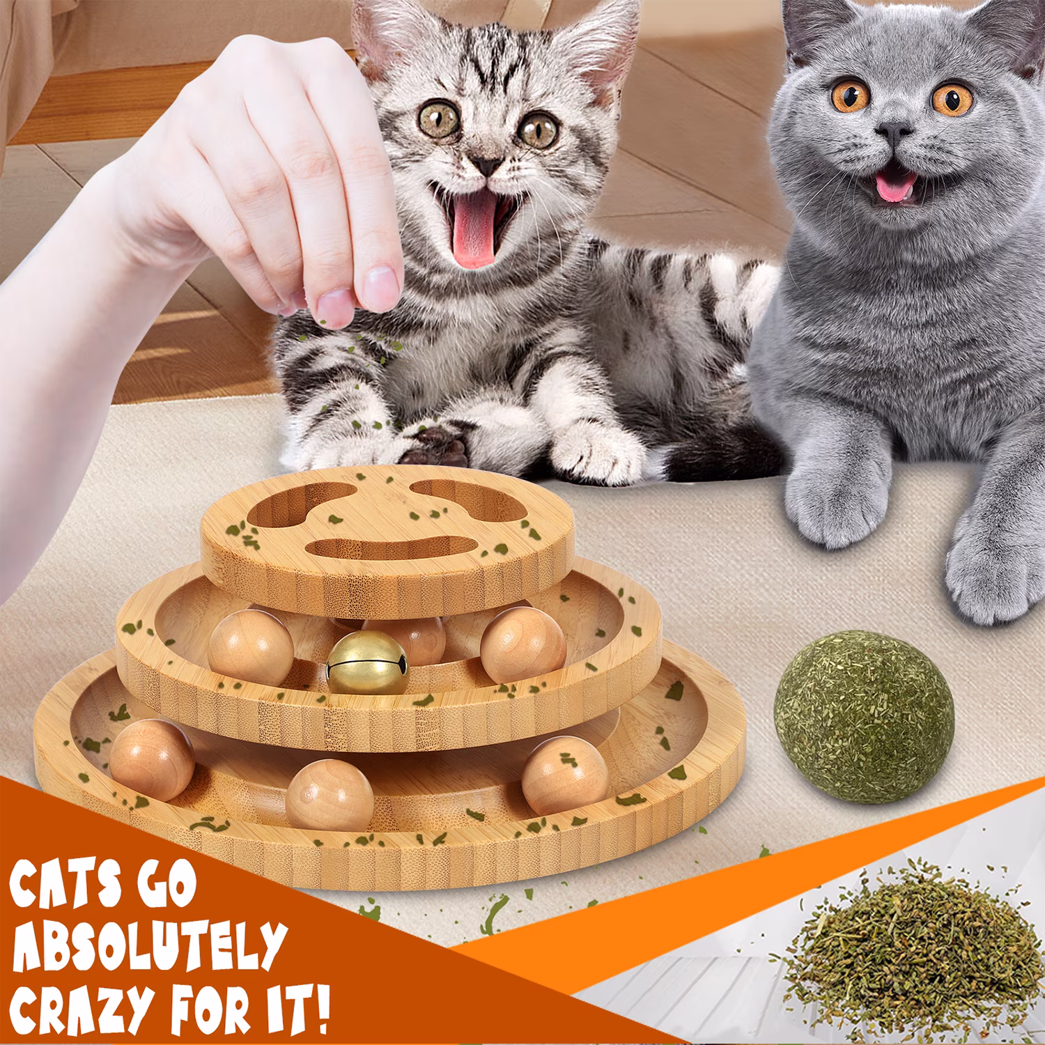 DoogCat Interactive Cat Ball Track Toy 2-Level Roller Tower with 5 Balls and Teaser Wand (Brown, 10 in x 10 in x 4 in) YRb6g
