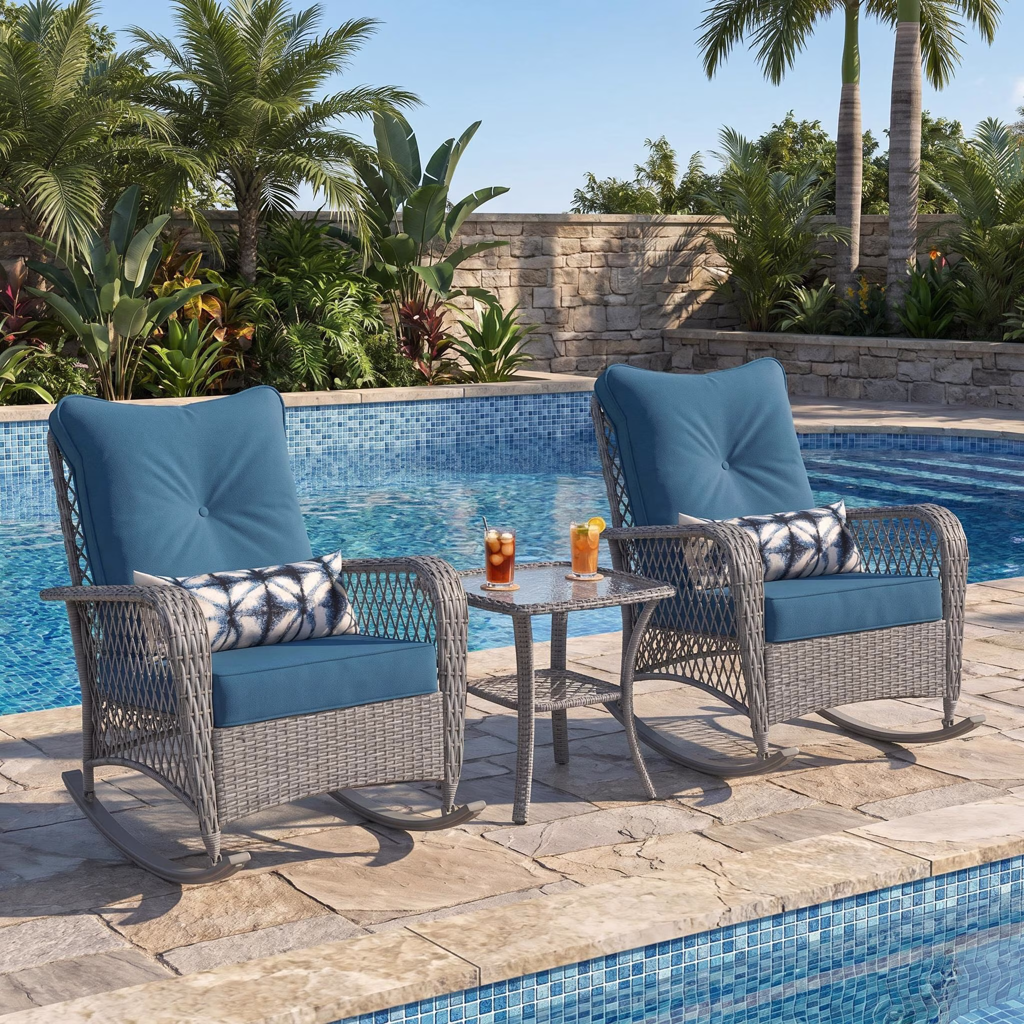 UDPATIO 3-Piece Outdoor Rattan Rocking Bistro Set with Side Table and 4 in Thick Cushions (Blue, 3-Piece Set) VgXYE