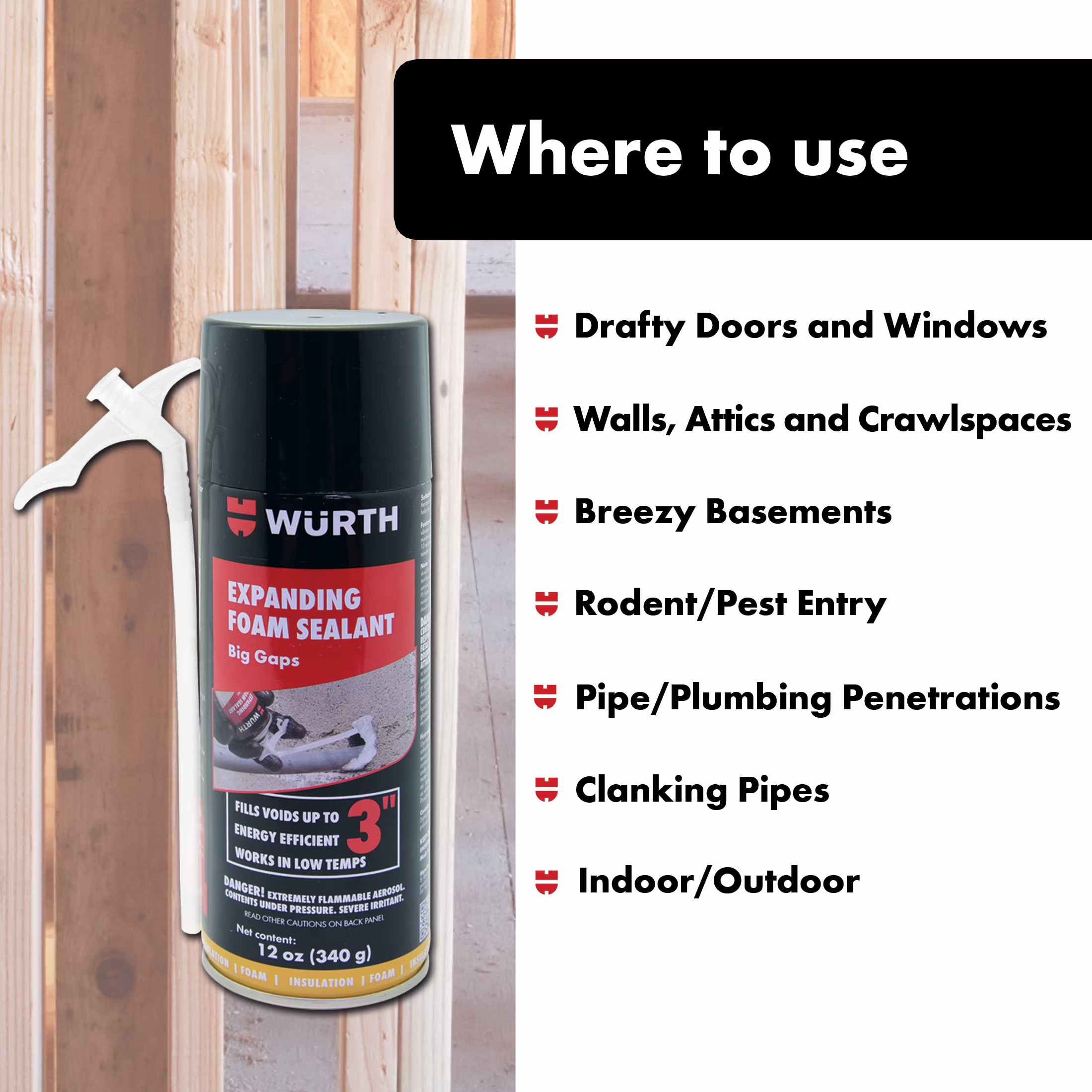 Würth Expanding Foam Sealant for Large Gaps and Cracks (White, 12 oz) LEOe4
