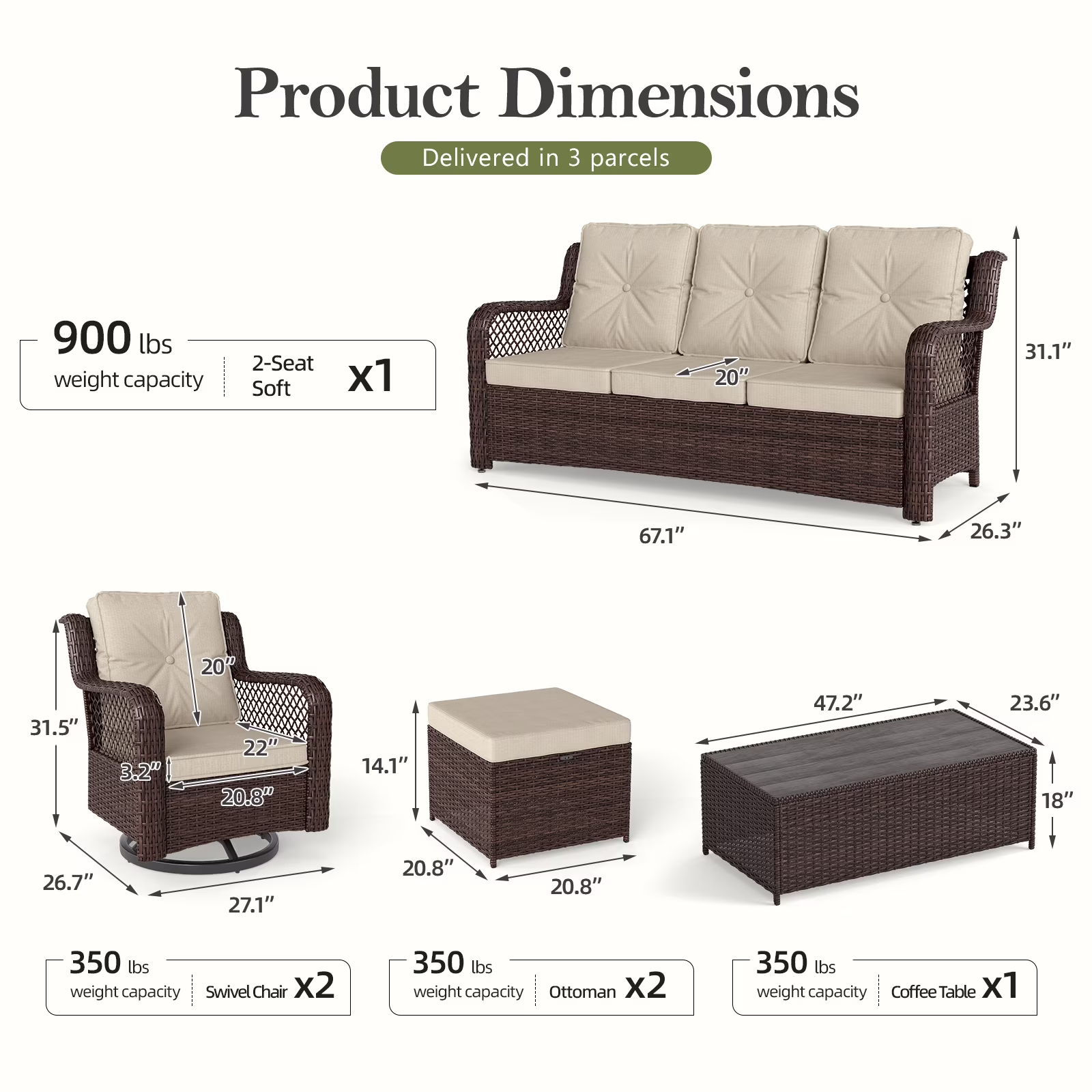 Mvpipi 6-Piece Outdoor Patio Furniture Set with Swivel Chairs, Ottoman, Sofa, and Coffee Table (Beige, 6-Piece Set) Af2MY - Image 4
