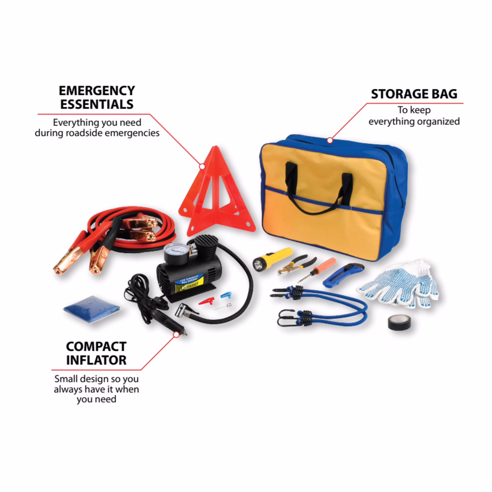Performance Tool Premium Roadside Emergency Kit with Jumper Cables and Tire Inflator (1 Kit) tr5zs - Image 2