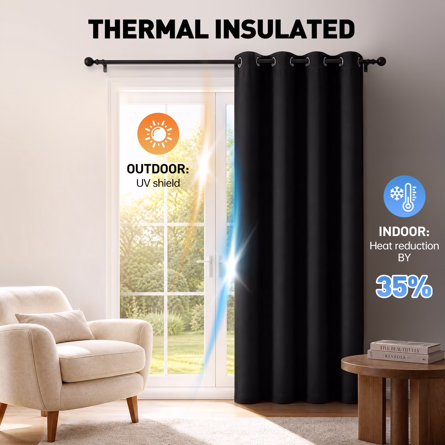 Cshidworld Blackout Curtains Thermal Insulated Room Darkening Drapes for Bedroom (Black, 52 in x 84 in, Set of 2) P4eXH