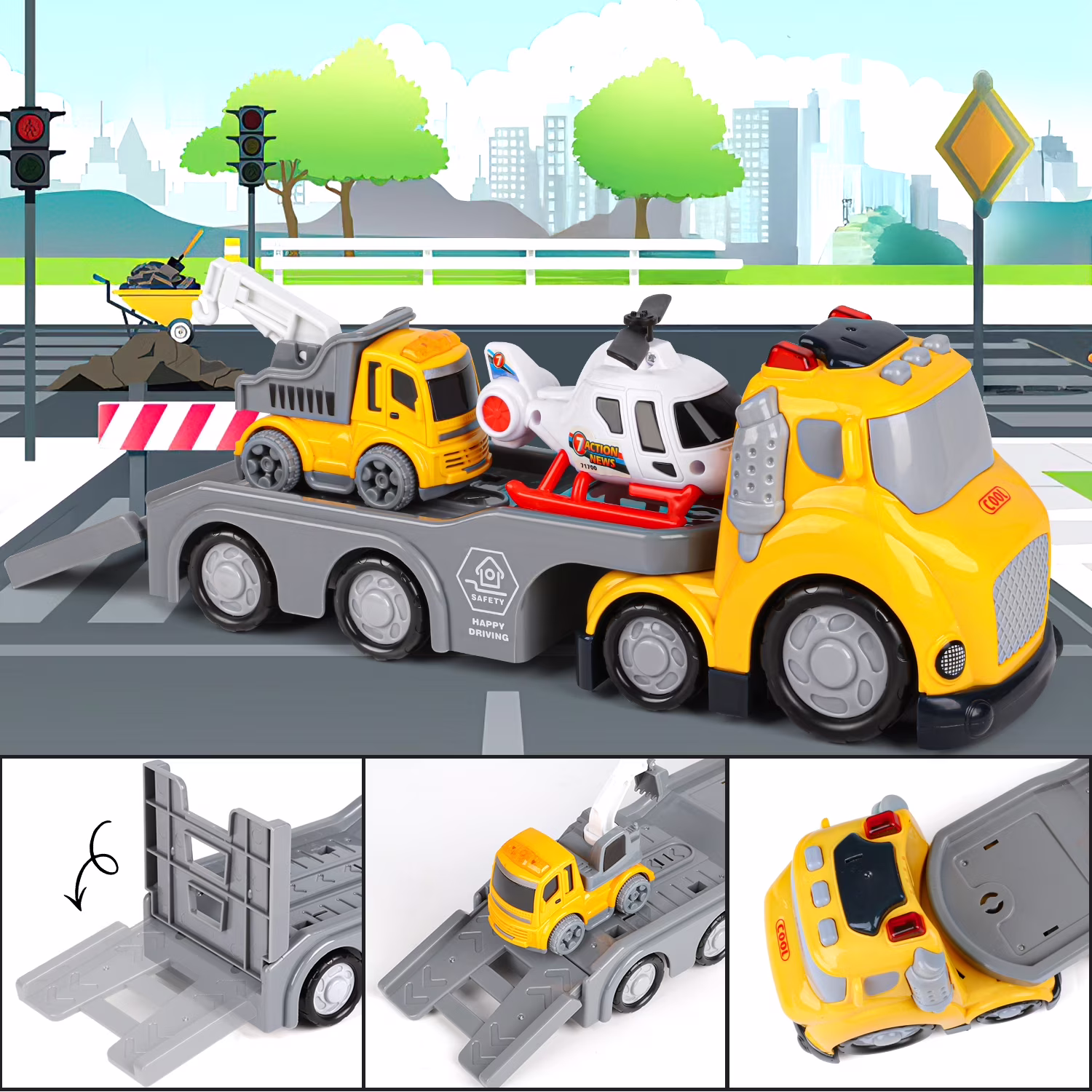 Beefunni Construction Vehicle Toy Set, 5-in-1 Transport Truck Carrier with Lights and Sounds (Yellow, 1 Set) Mnccm - Image 4