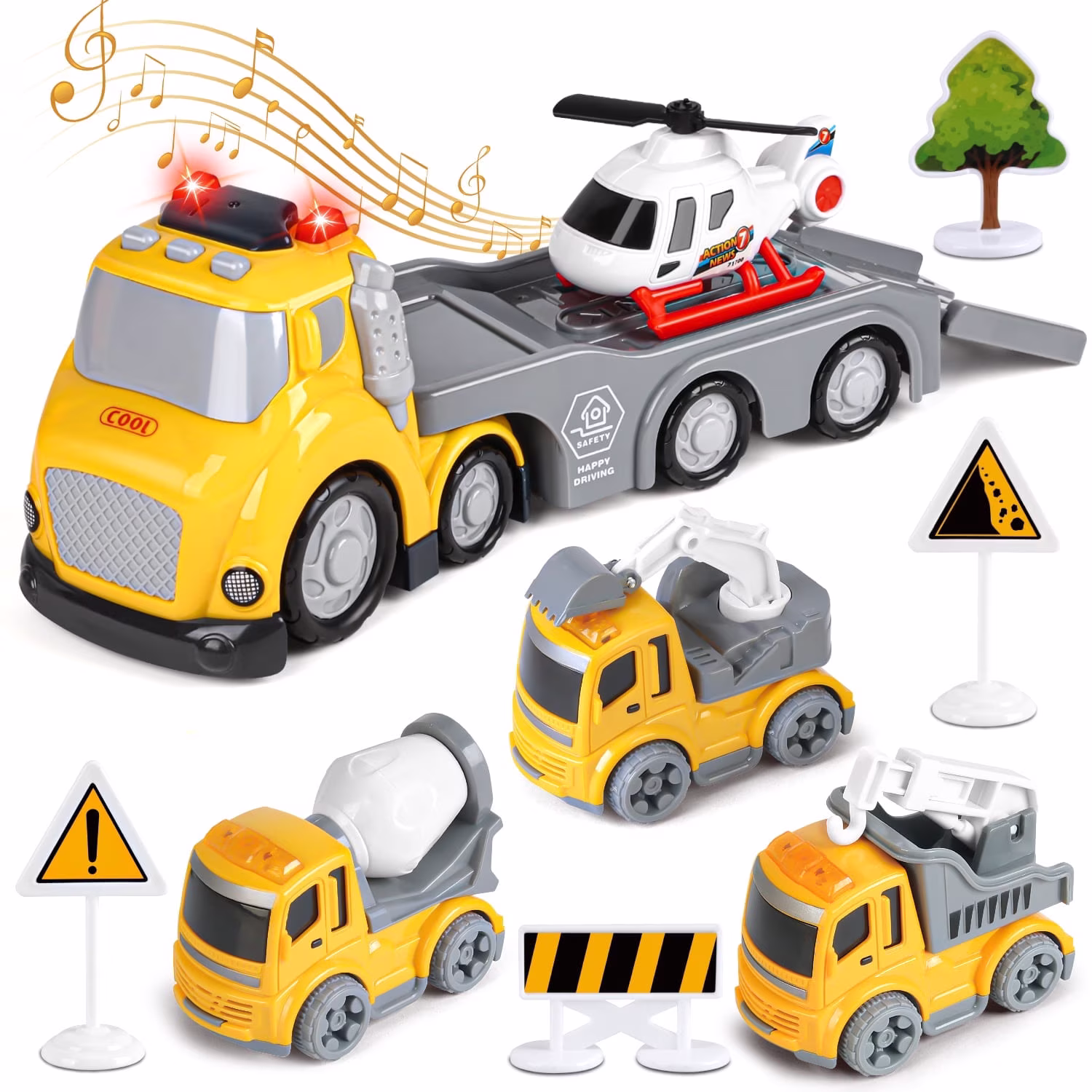 Beefunni Construction Vehicle Toy Set, 5-in-1 Transport Truck Carrier with Lights and Sounds (Yellow, 1 Set) Mnccm - Image 8