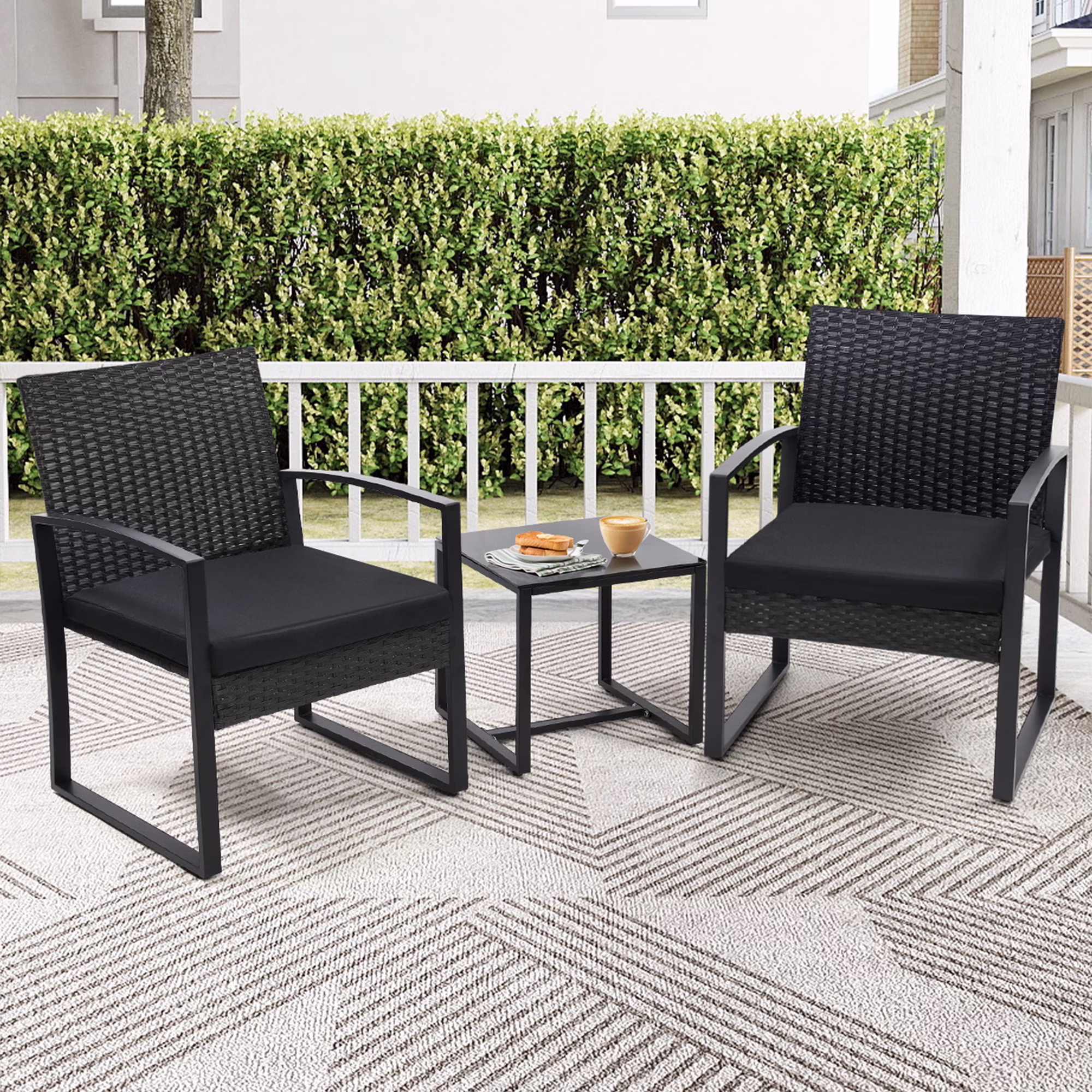 LOGYAT 3 Piece Wicker Patio Bistro Set, All-Weather Rattan Conversation Set with Glass Top Coffee Table (Black, 3 Piece) xcgT1