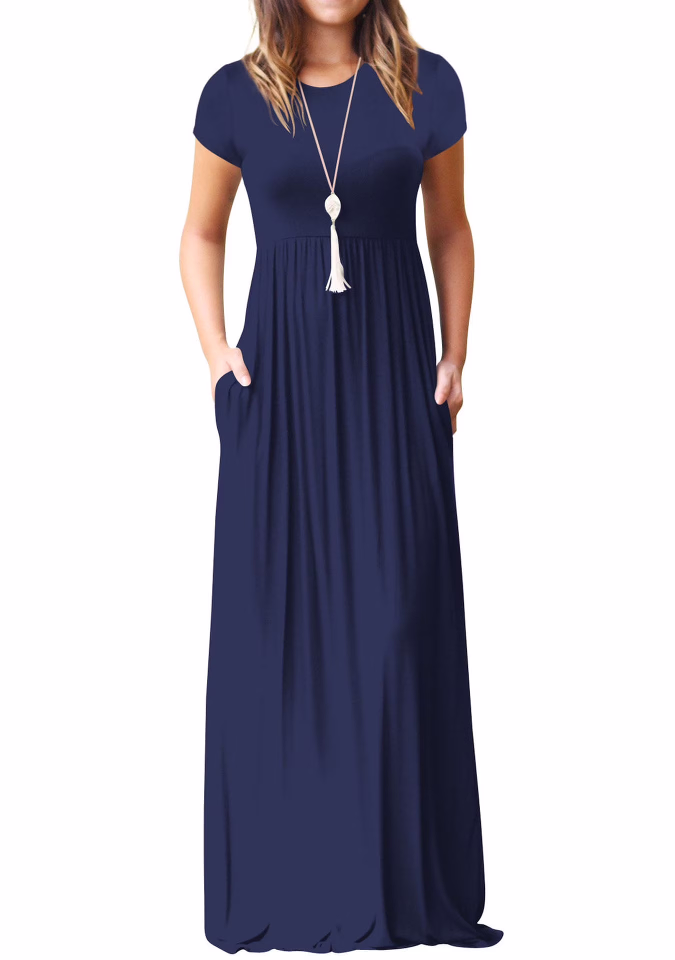 Mengpipi Women's Short Sleeve Maxi Dress Casual Loose Fit with Pockets (Navy Blue, M) g2d0b