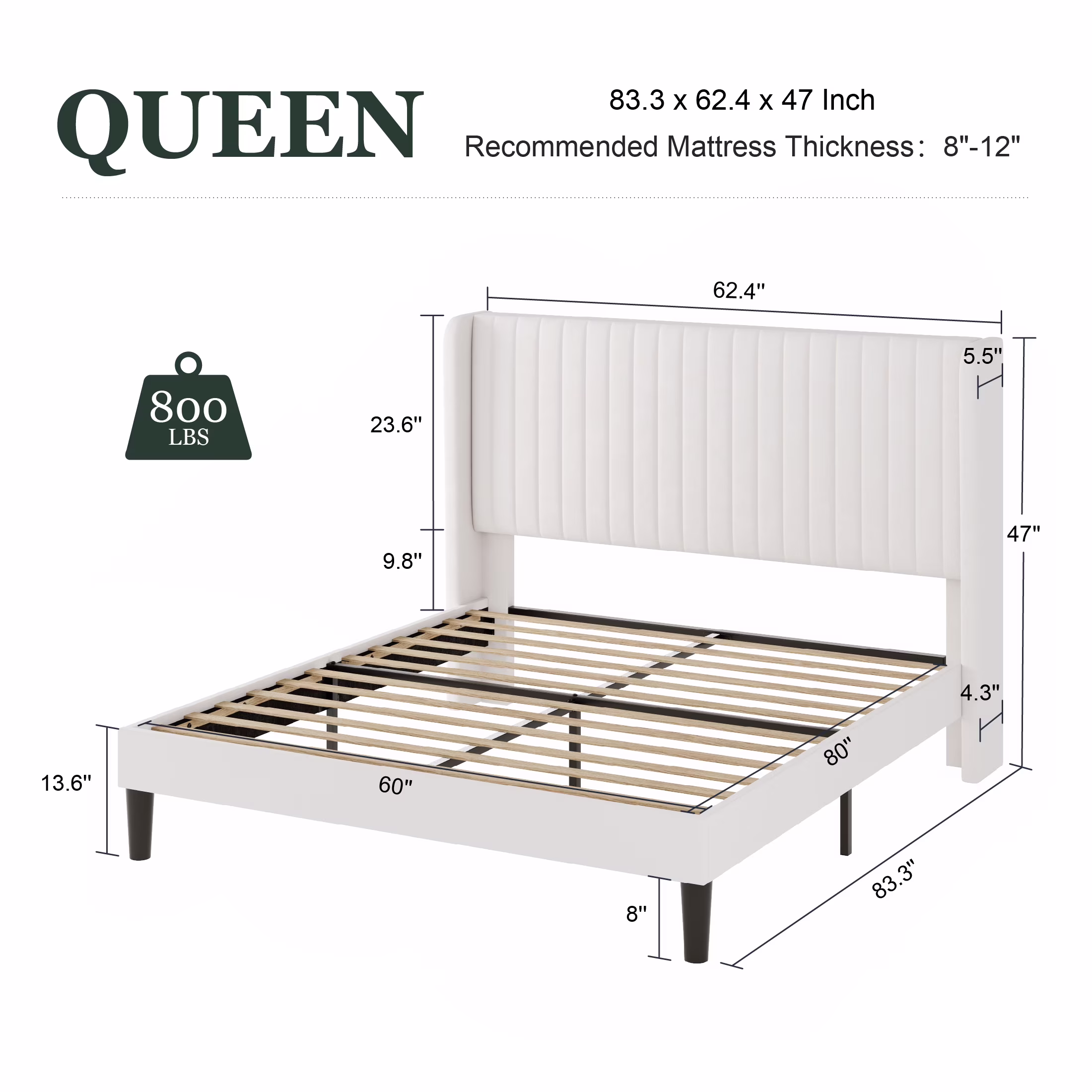 Amolife Velvet Upholstered Platform Bed Frame with Wingback Headboard (Off-White, Queen Size) vg0Rs