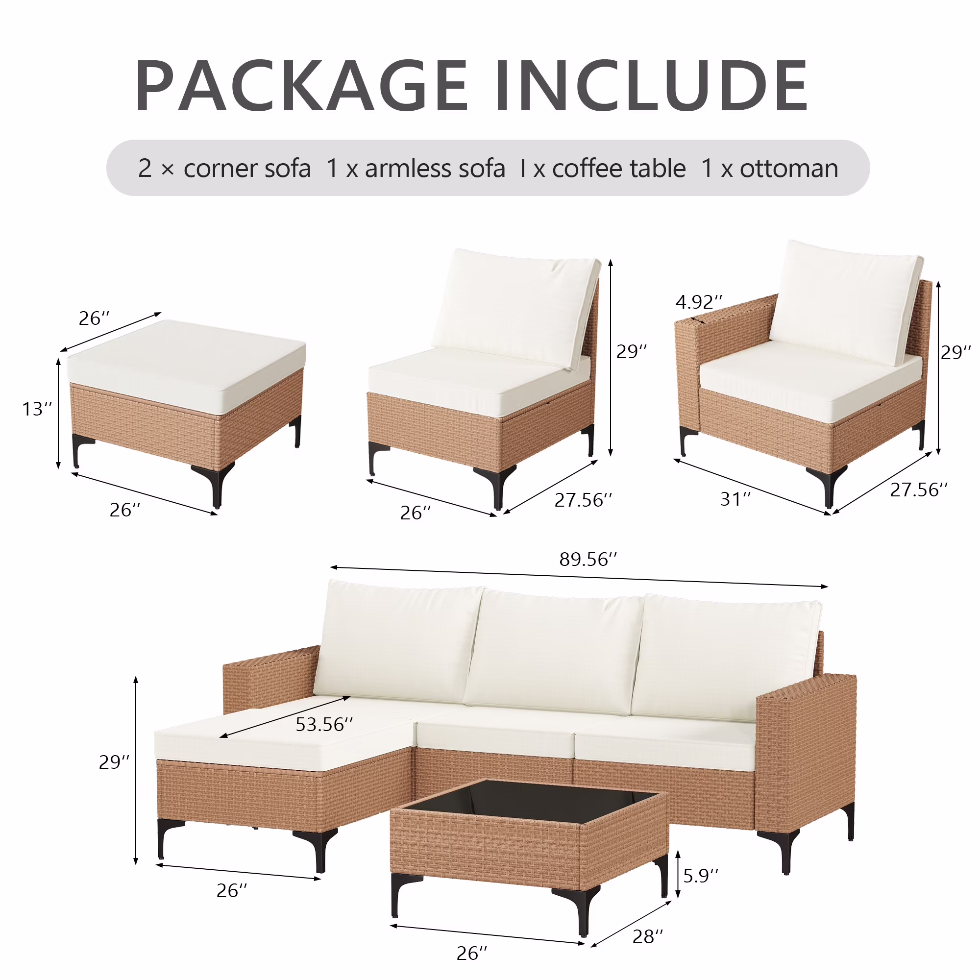 LAZZO 5-Piece Patio Conversation Set, Boho Outdoor Wicker Furniture with Cushions and Glass Coffee Table (Beige, 5-Piece) DpjH9 - Image 2