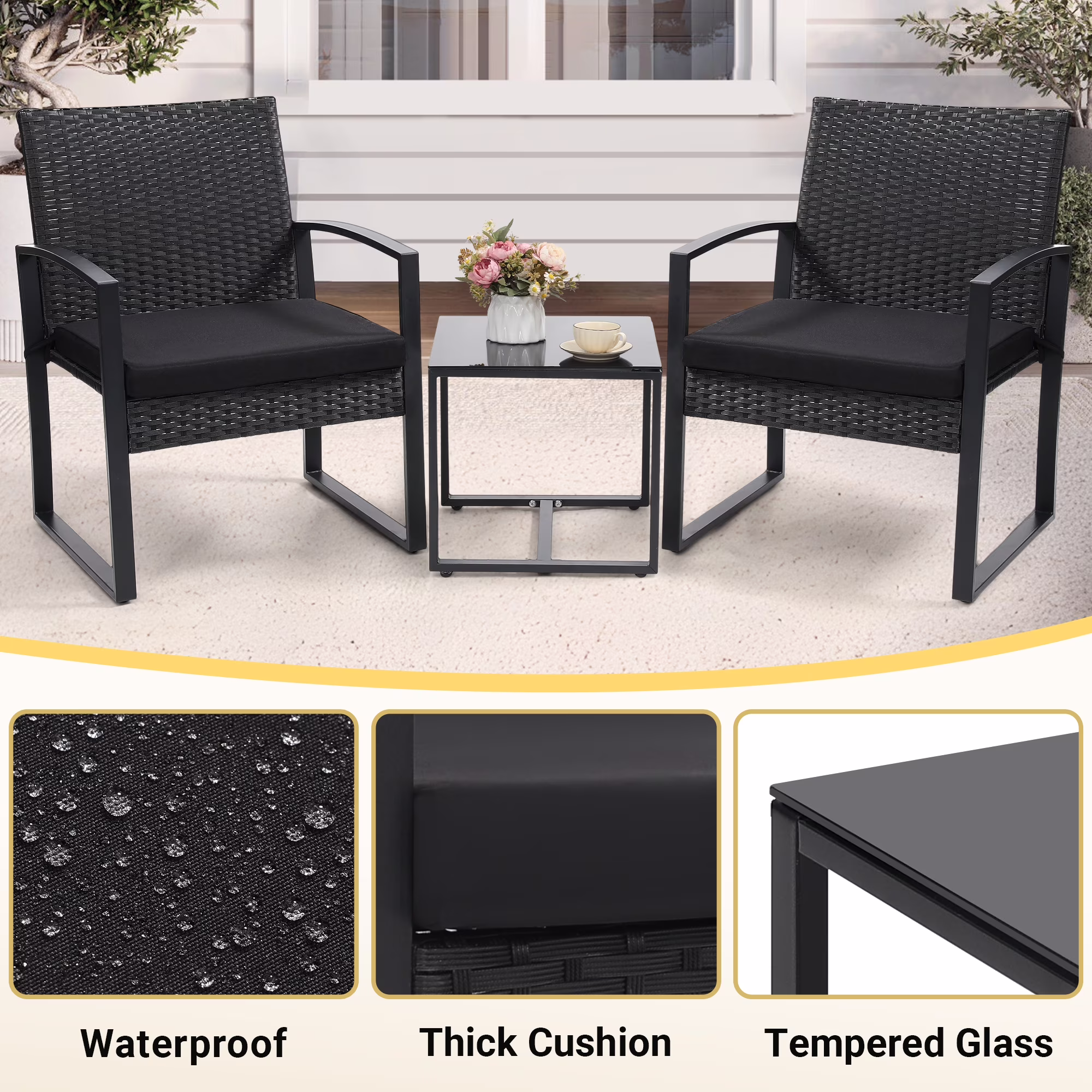 LOGYAT 3 Piece Wicker Patio Bistro Set, All-Weather Rattan Conversation Set with Glass Top Coffee Table (Black, 3 Piece) xcgT1