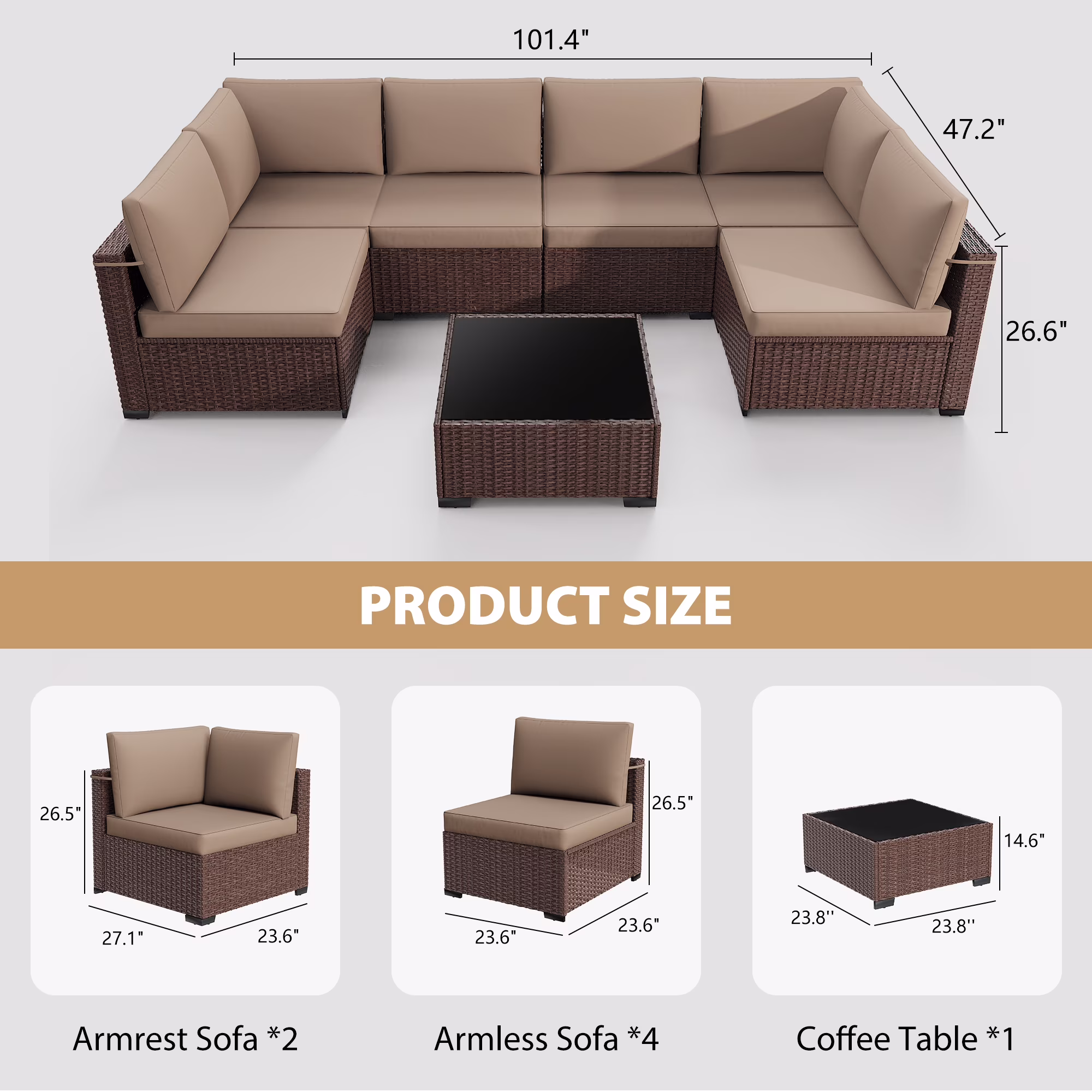 Kigoty 7-Piece Outdoor Patio Furniture Set, Wicker Rattan Sectional Sofa with Coffee Table (Brown, 7-Piece) avnNy - Image 2