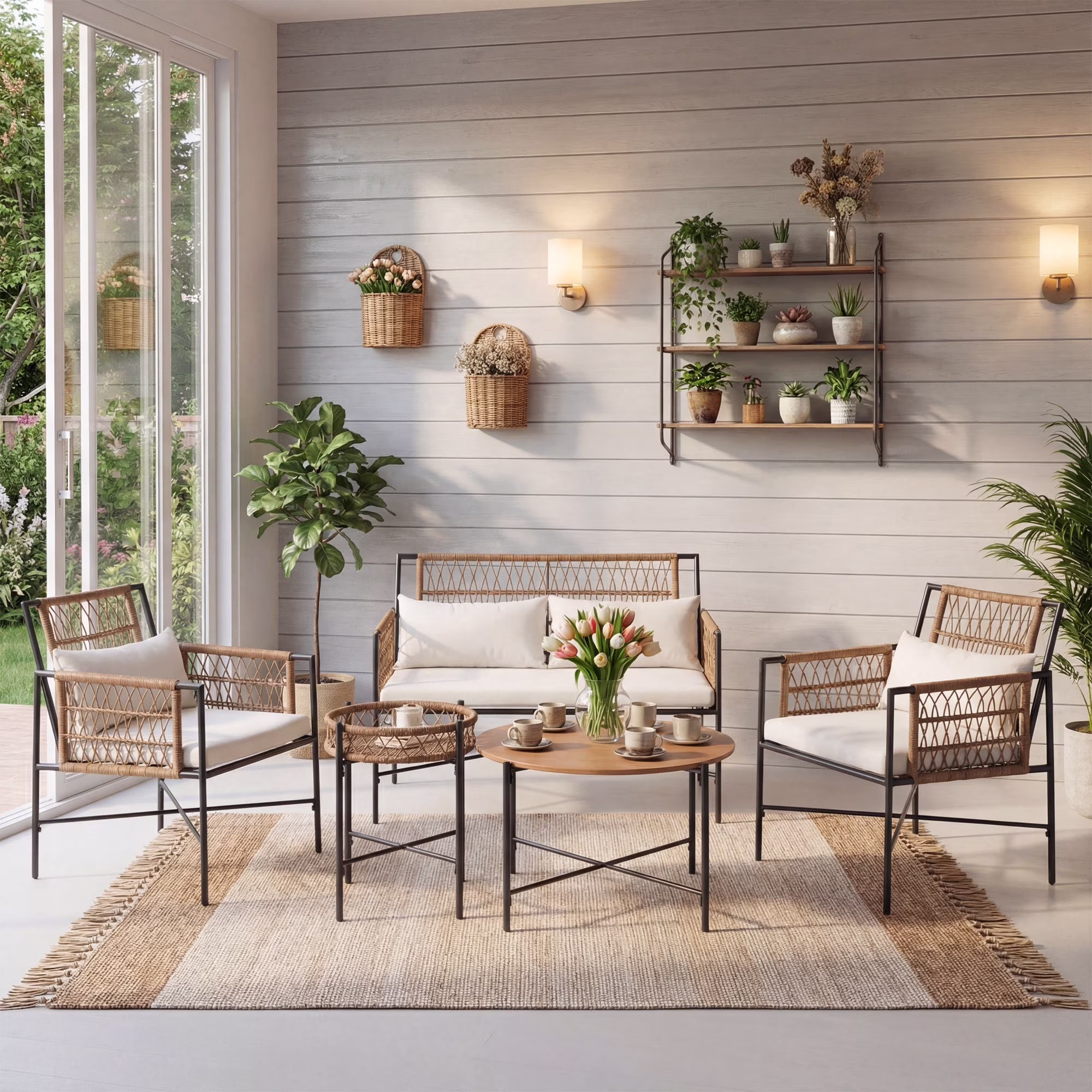 KamerOut 5-Piece Outdoor Wicker Patio Furniture Set with Cushions (Beige, 5-Piece Set) GpkGZ - Image 3