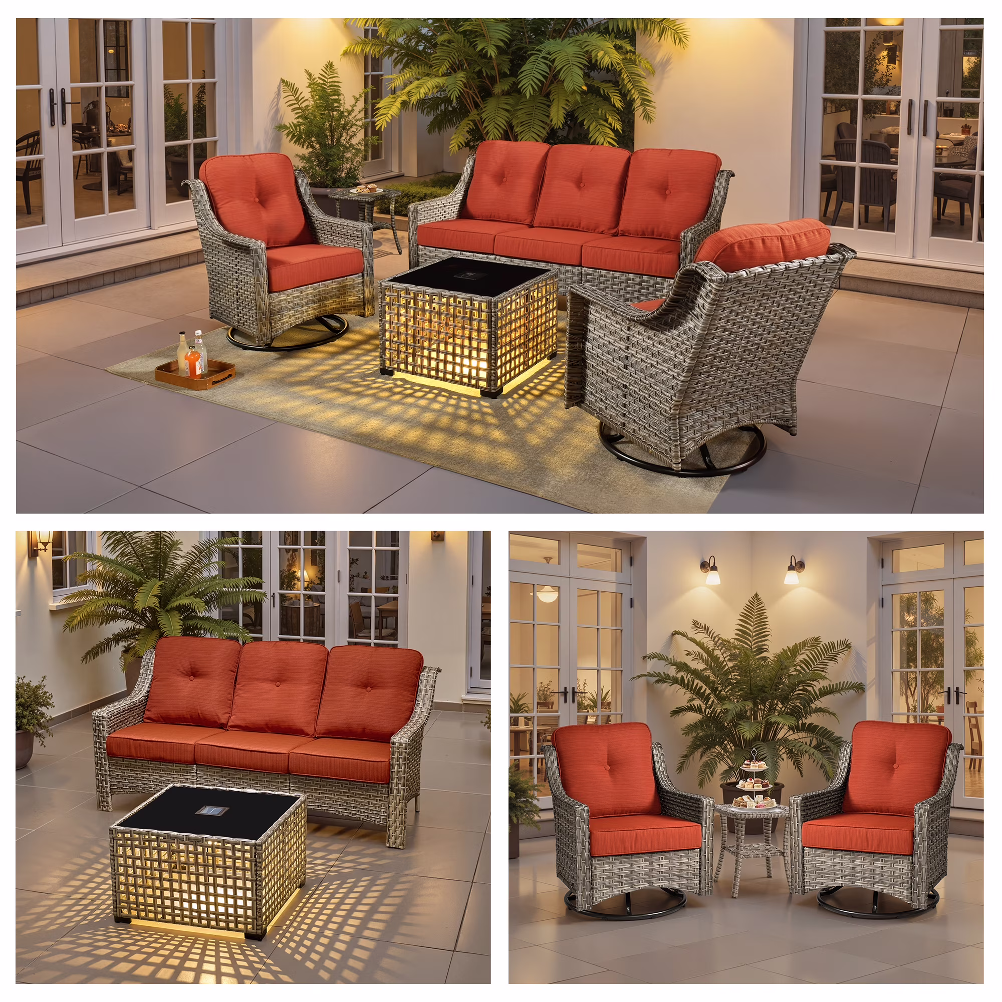 Ovios 5-Piece Outdoor Patio Furniture Set with Swivel Chairs and Solar Light Coffee Table (Orange Red, 5-Piece Set) dUz1W - Image 3