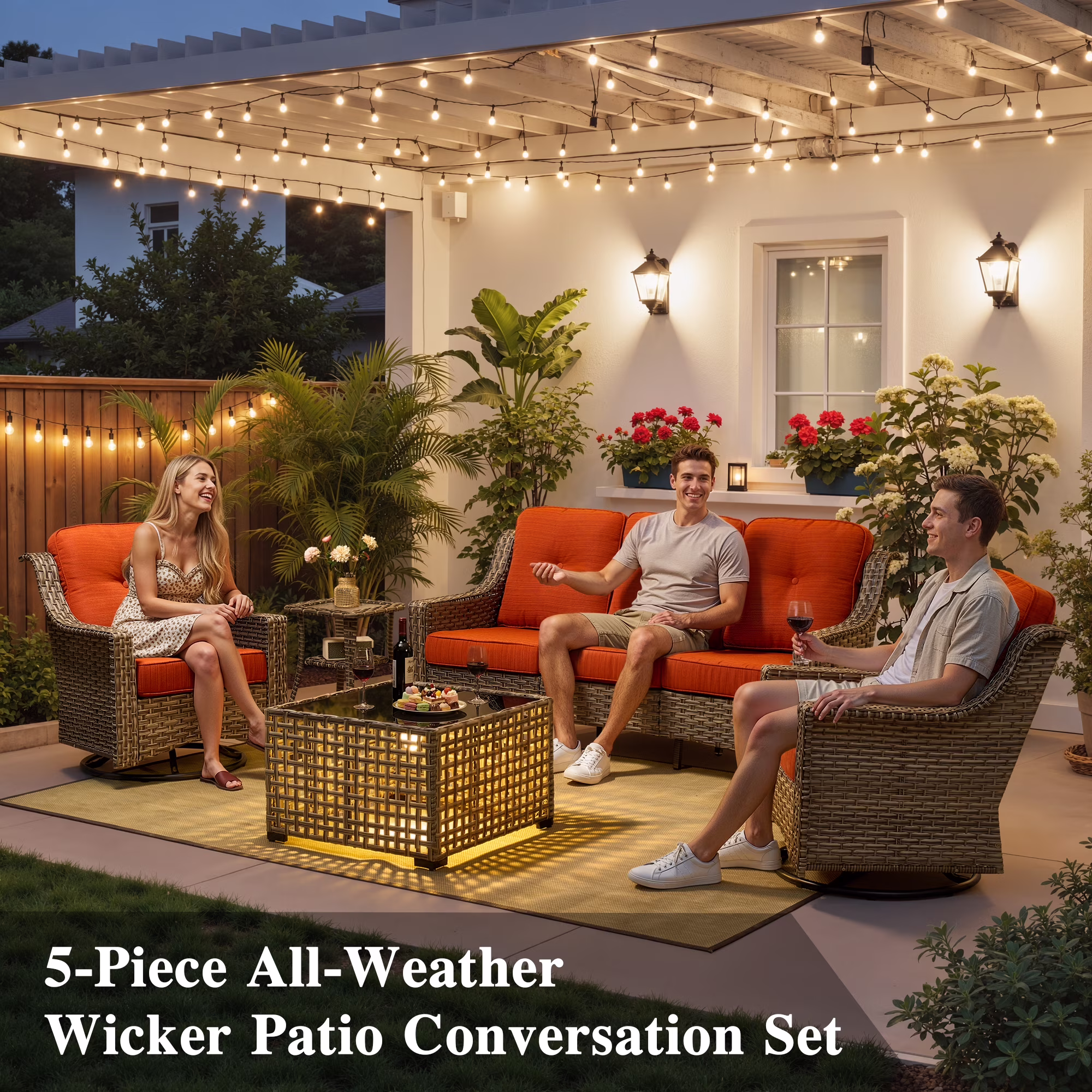 Ovios 5-Piece Outdoor Patio Furniture Set with Swivel Chairs and Solar Light Coffee Table (Orange Red, 5-Piece Set) dUz1W - Image 9