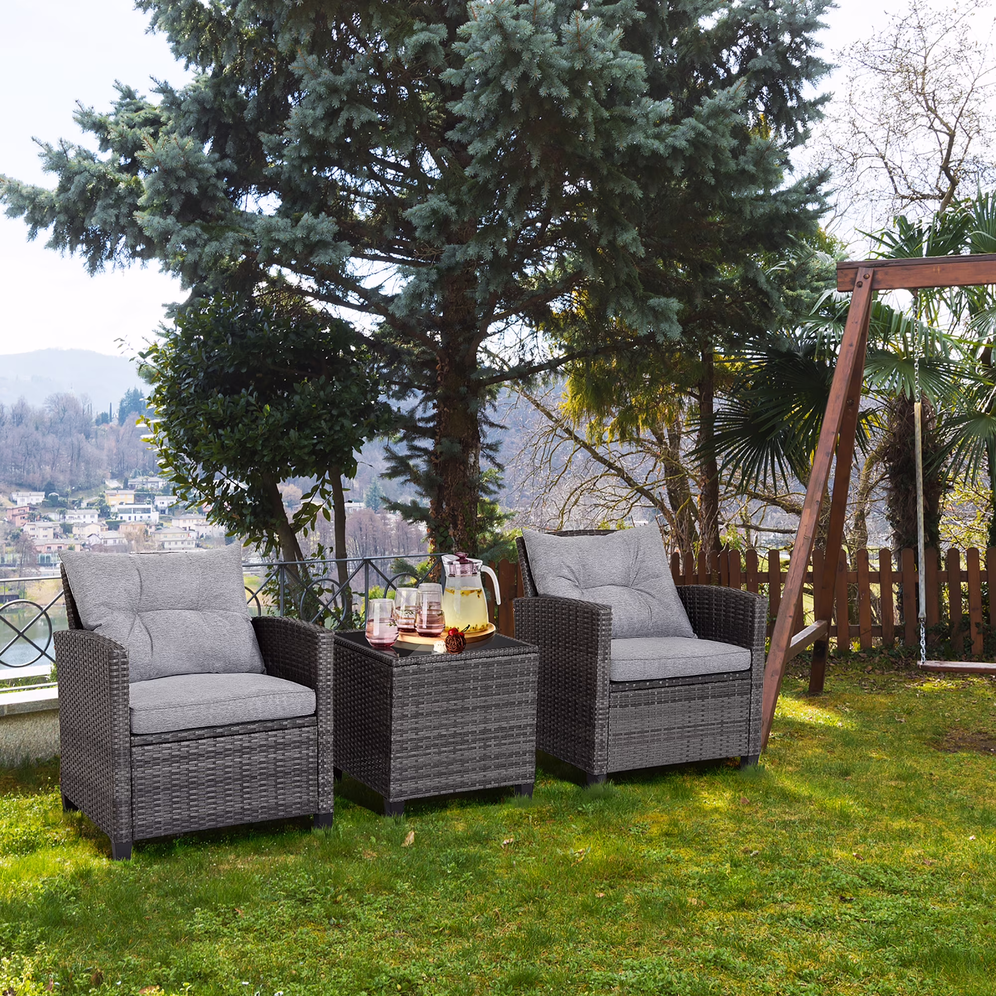 Gymax 3-Piece Patio Rattan Sofa Set Outdoor Wicker Conversation Furniture with Glass Tabletop (Grey, 3-Piece Set) 1vO0G - Image 5