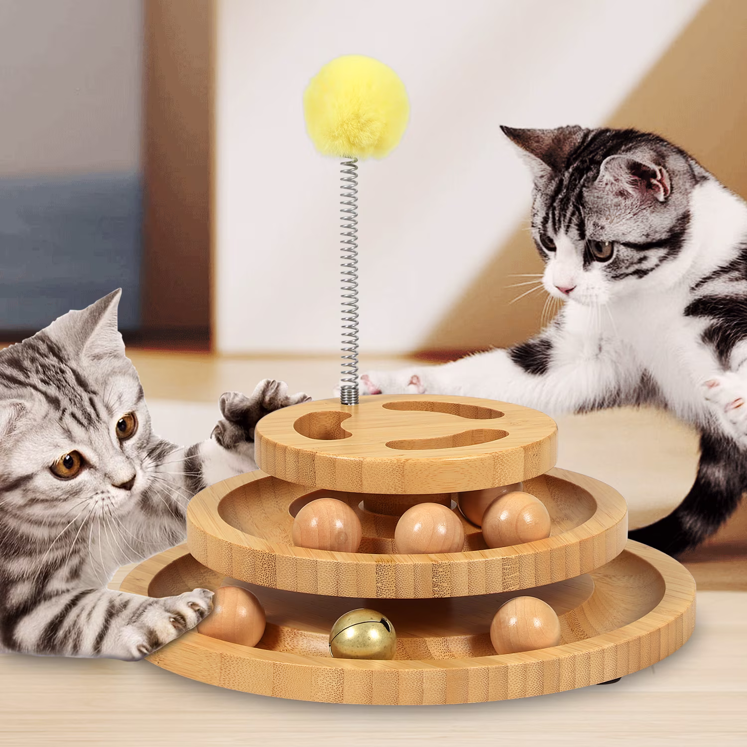 DoogCat Interactive Cat Ball Track Toy 2-Level Roller Tower with 5 Balls and Teaser Wand (Brown, 10 in x 10 in x 4 in) YRb6g