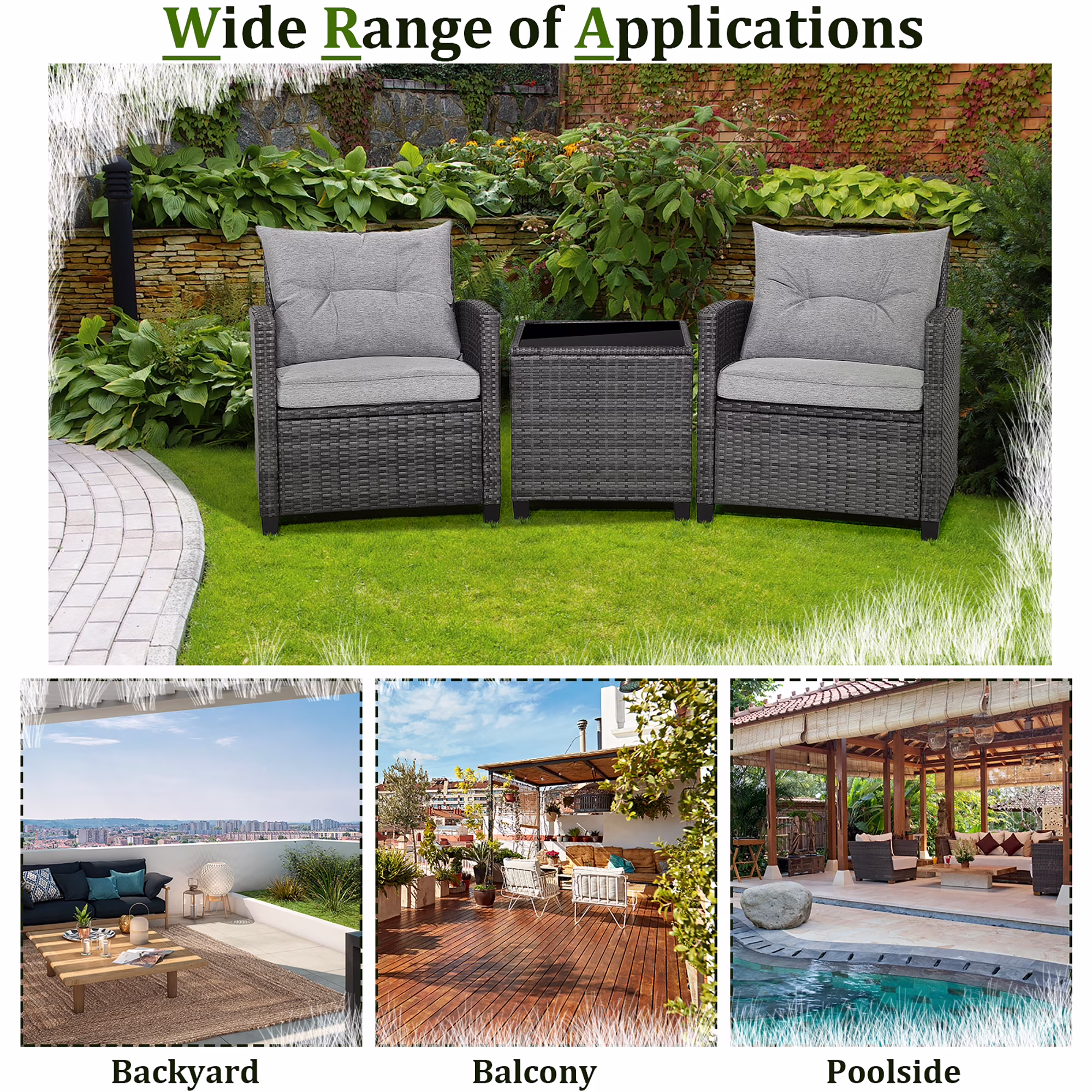 Gymax 3-Piece Patio Rattan Sofa Set Outdoor Wicker Conversation Furniture with Glass Tabletop (Grey, 3-Piece Set) 1vO0G - Image 3