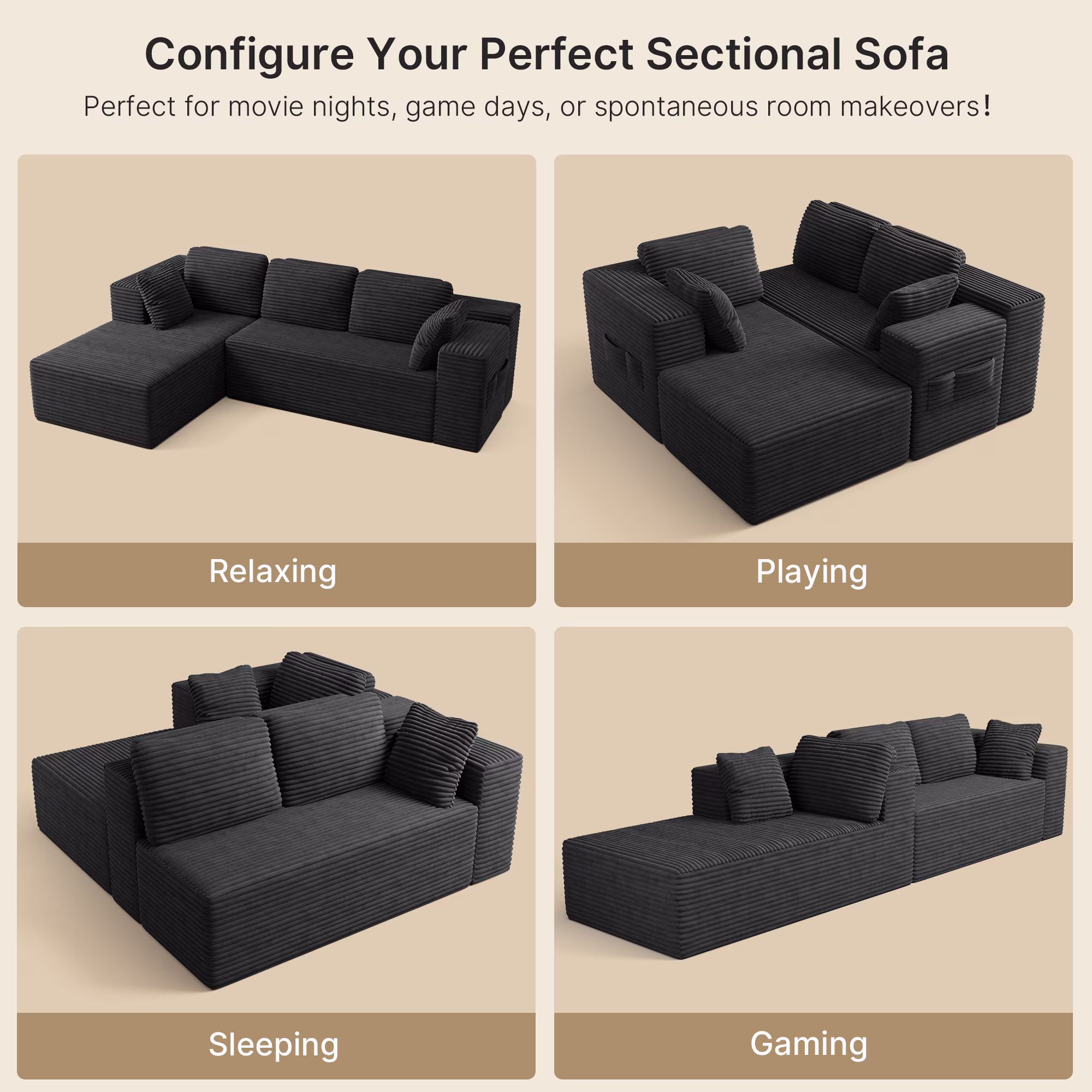 Lofka L-Shaped Sectional Sofa, Pet-Friendly Corduroy Fabric, Modular Living Room Furniture (Black, 105 in) 8Uae6 - Image 3