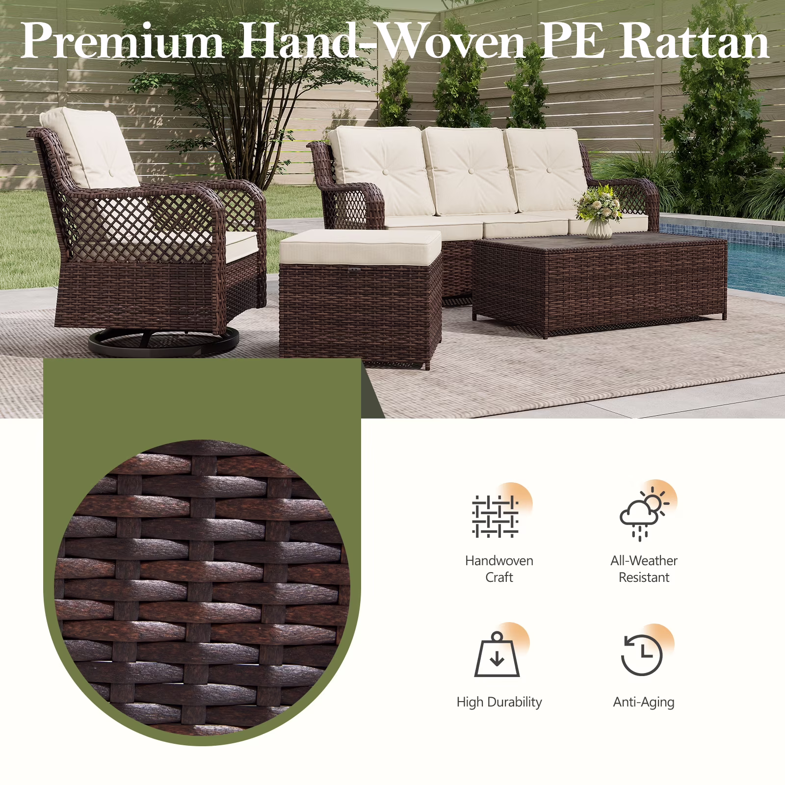 Mvpipi 6-Piece Outdoor Patio Furniture Set with Swivel Chairs, Ottoman, Sofa, and Coffee Table (Beige, 6-Piece Set) Af2MY - Image 6