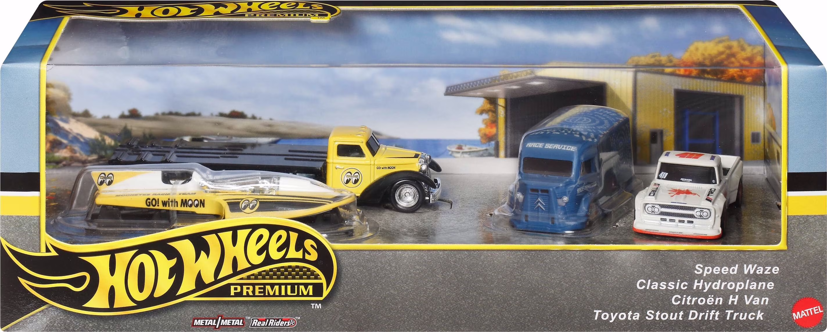 Hot Wheels Premium Collector Display Set, Die-Cast Vehicles with Transporter (4 Piece Set) hJxWz