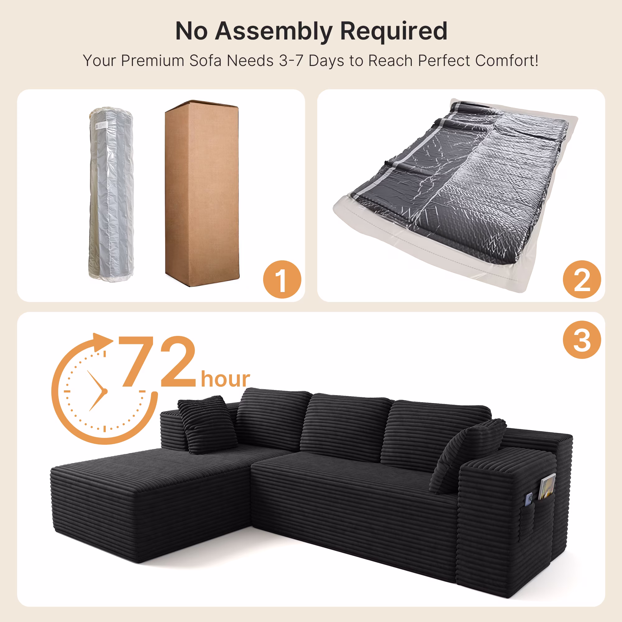 Lofka L-Shaped Sectional Sofa, Pet-Friendly Corduroy Fabric, Modular Living Room Furniture (Black, 105 in) 8Uae6 - Image 6