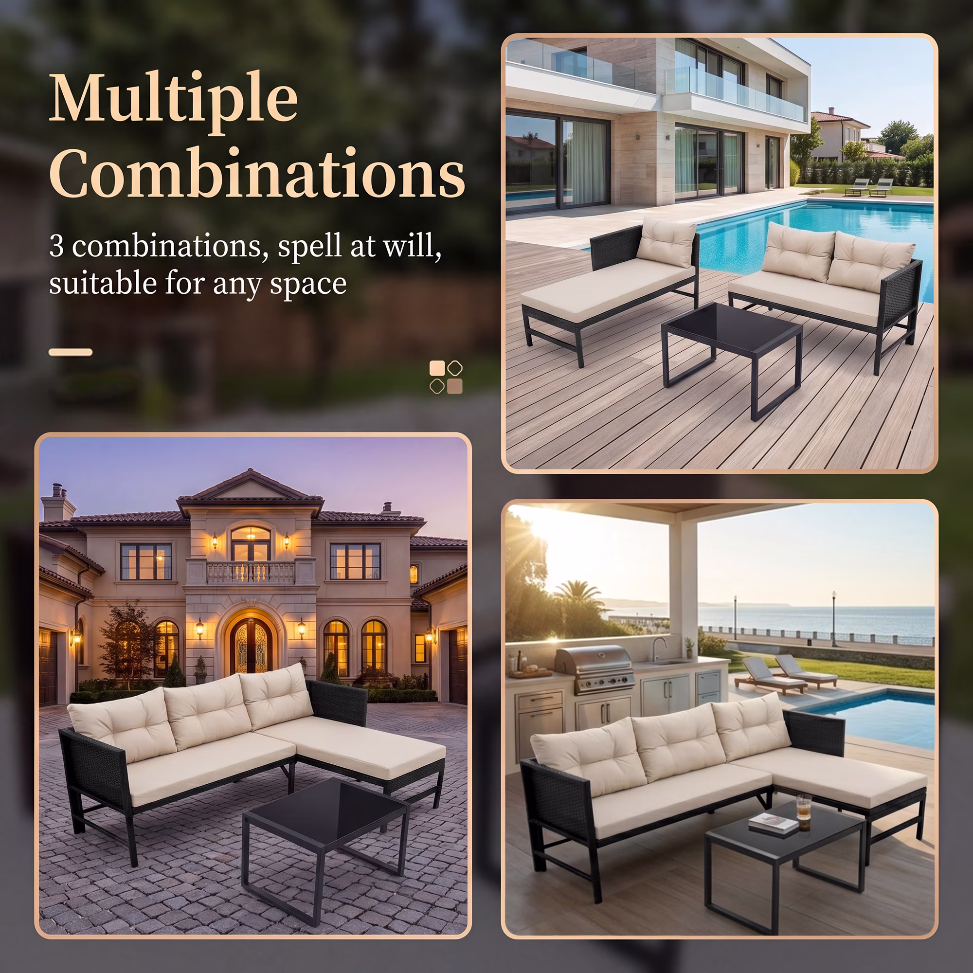 Tappio 5 Piece Outdoor Patio Furniture Set, All-Weather PE Rattan Sectional Sofa with Cushions and Glass Table (Black/Beige, 5 Piece) aUiMm
