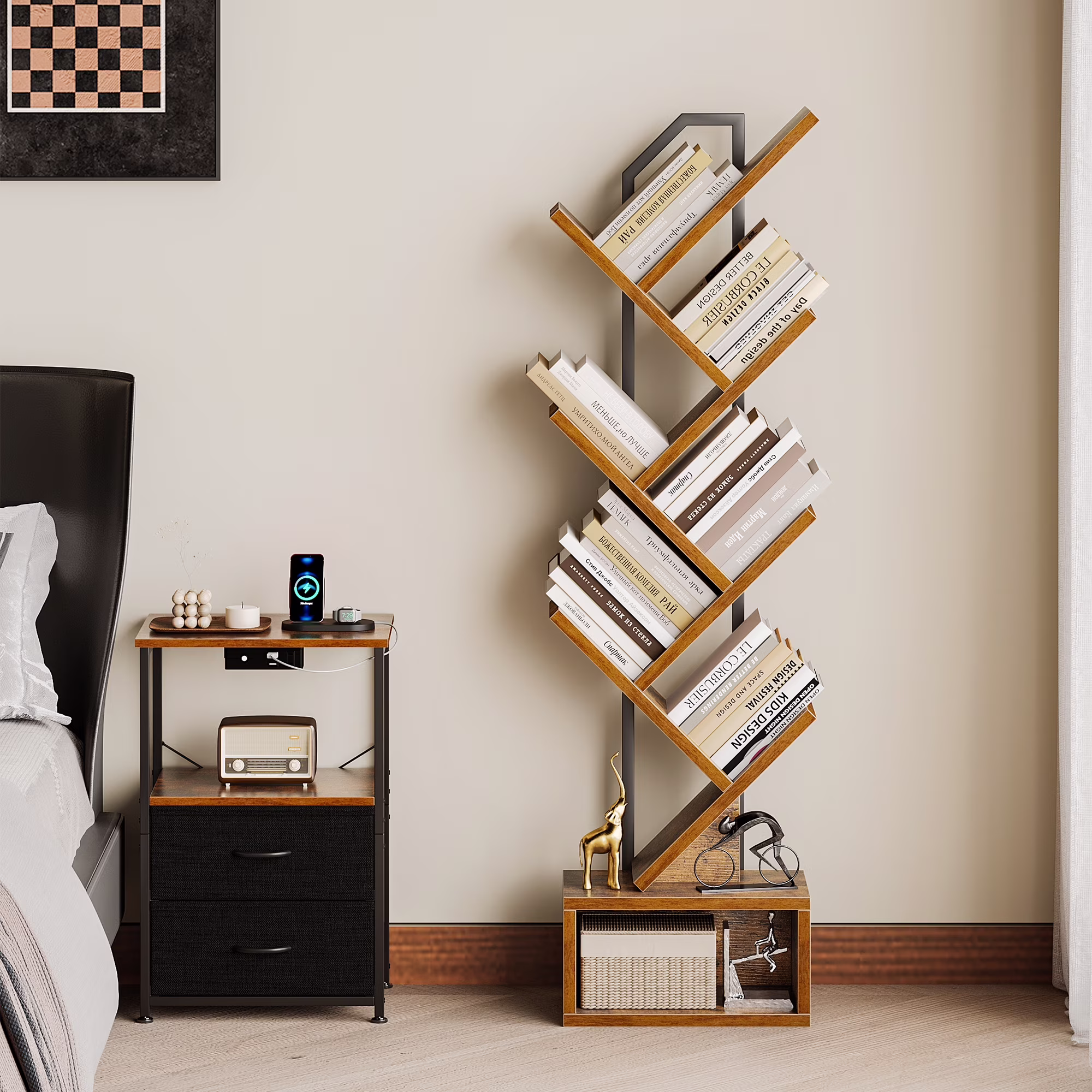 Casacomoda 6-Tier Tree Bookshelf, Narrow Wood and Steel Floor Standing Book Organizer with Storage Cabinet (Brown, 6-Tier) Uzn1E - Image 6