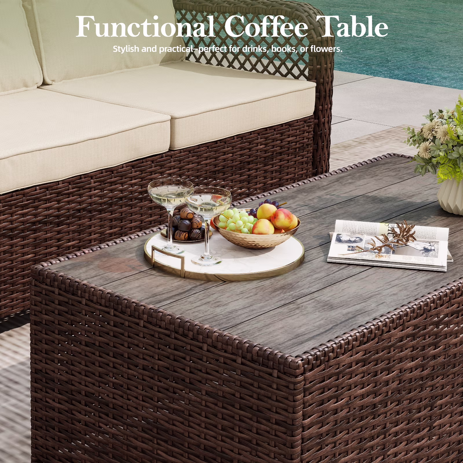 Mvpipi 6-Piece Outdoor Patio Furniture Set with Swivel Chairs, Ottoman, Sofa, and Coffee Table (Beige, 6-Piece Set) Af2MY - Image 5