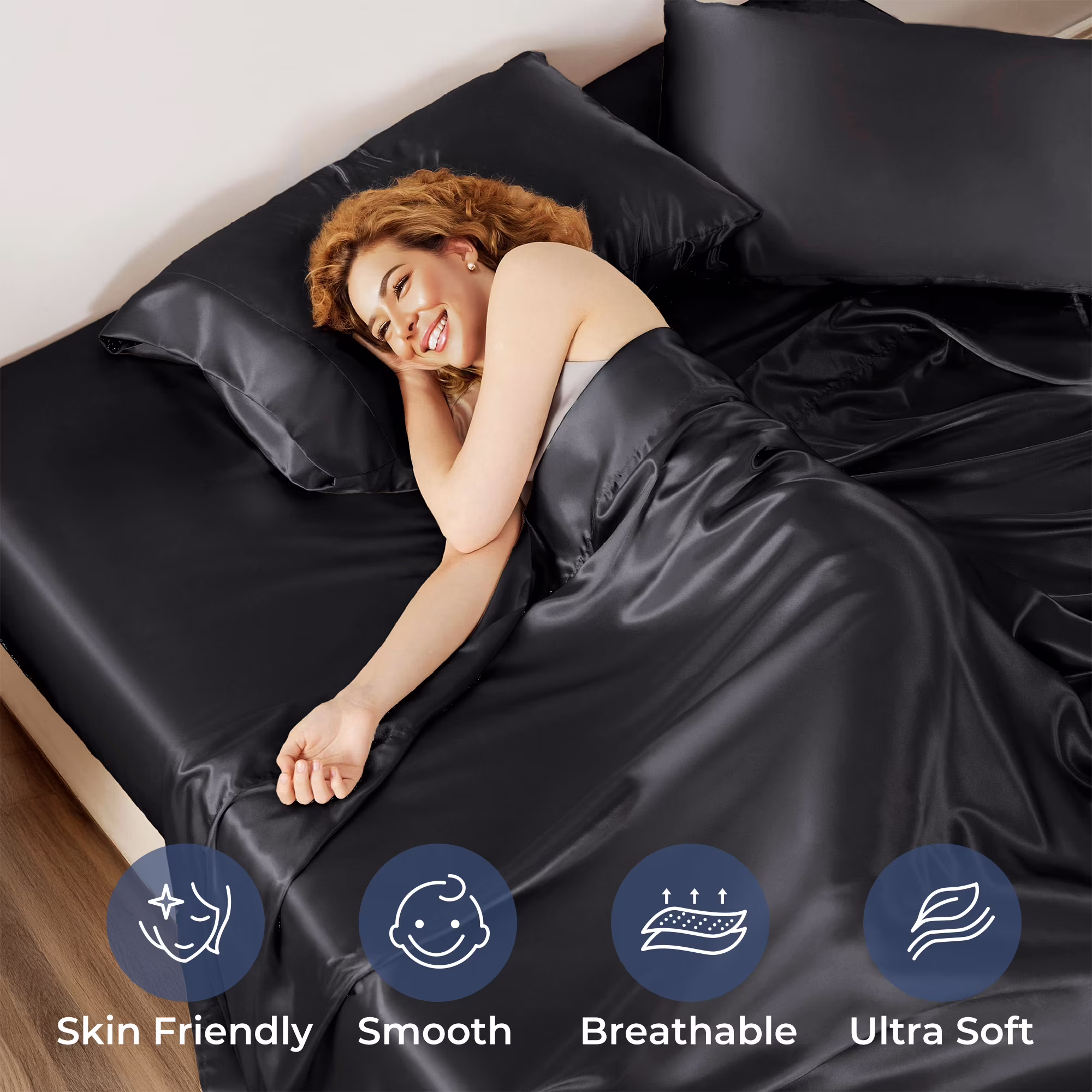 Seasonwood Satin Sheet Set, Silky Bedding Collection, Wrinkle-Resistant & Breathable (Black, Queen, 4-Piece Set) 1HWLj