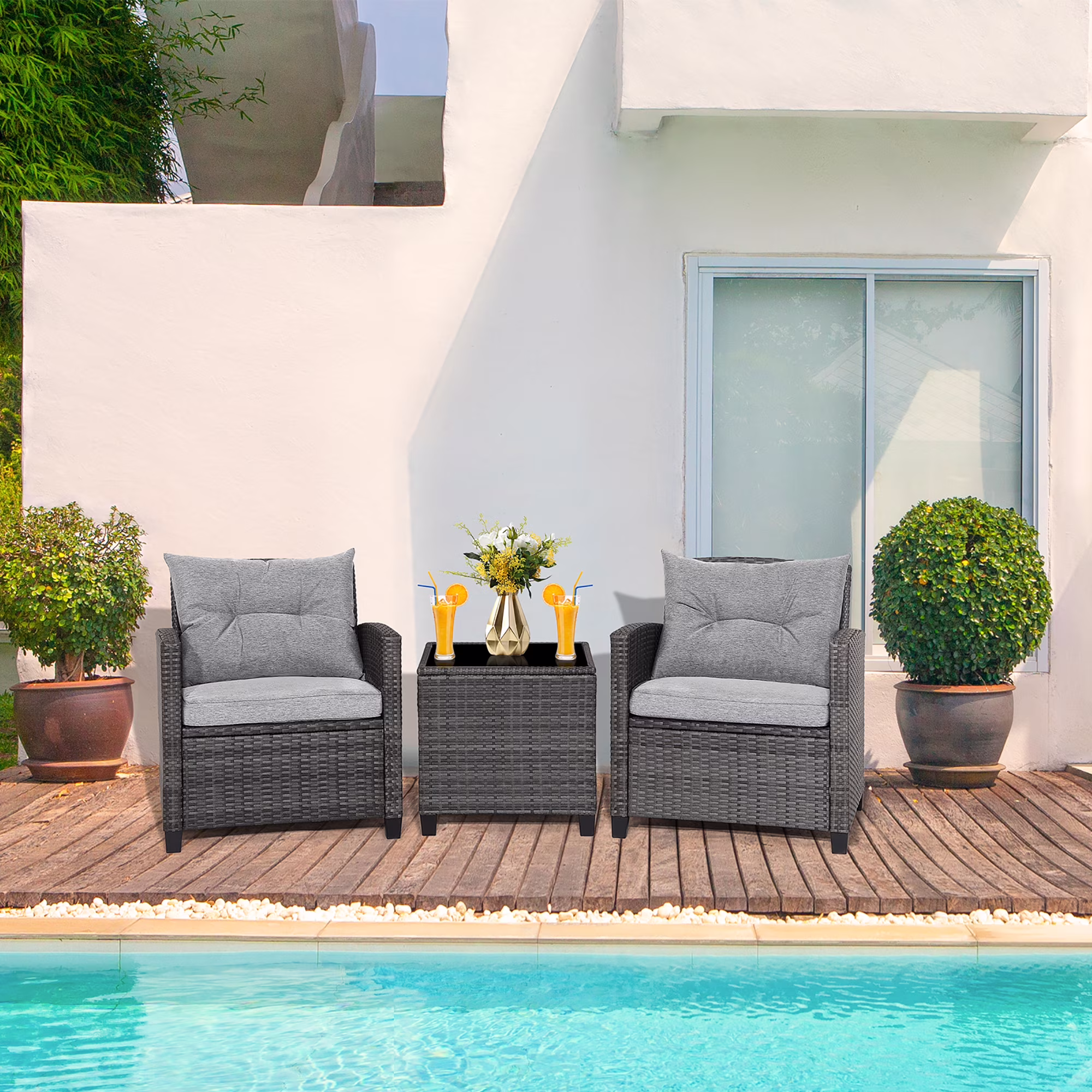 Gymax 3-Piece Patio Rattan Sofa Set Outdoor Wicker Conversation Furniture with Glass Tabletop (Grey, 3-Piece Set) 1vO0G - Image 8