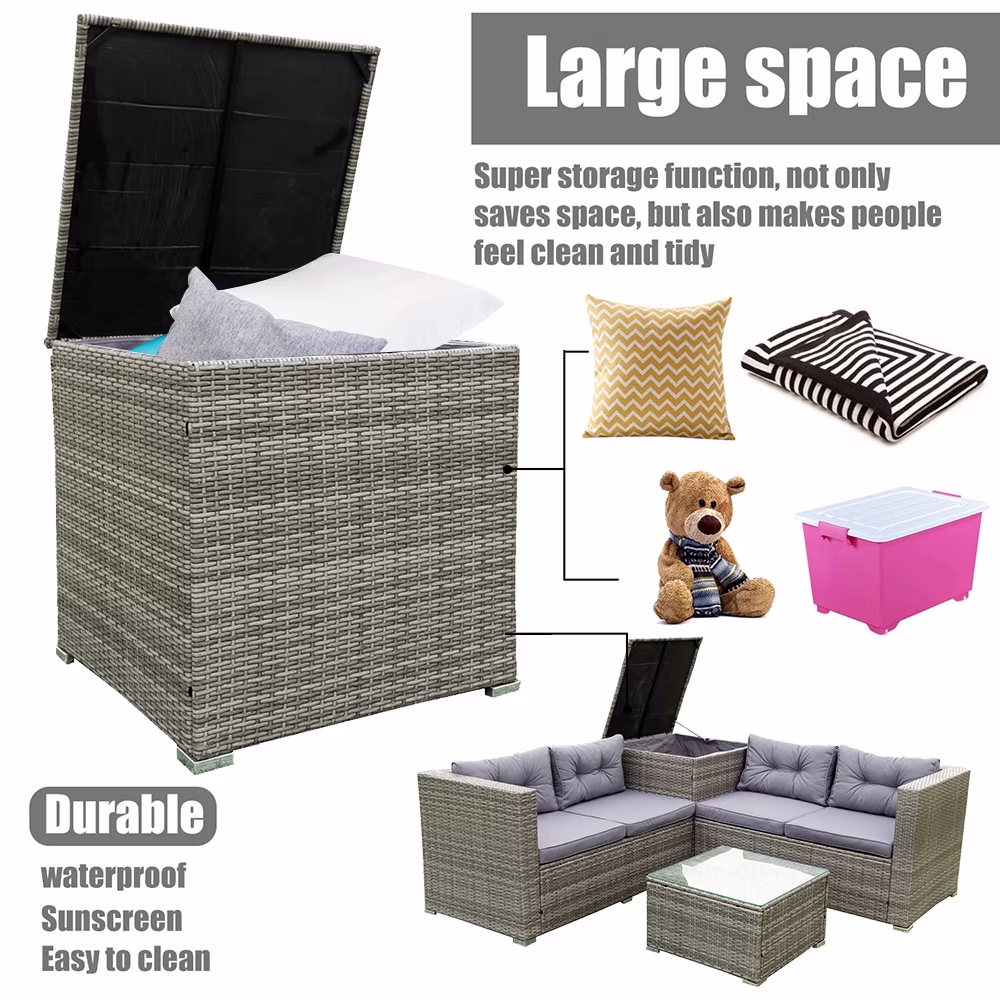 Segmart 4-Piece Outdoor Rattan Patio Sofa Set, All-Weather Wicker Sectional Furniture with Cushions, Glass Table, and Storage Box (Beige, 4-Piece Set) XhXKh