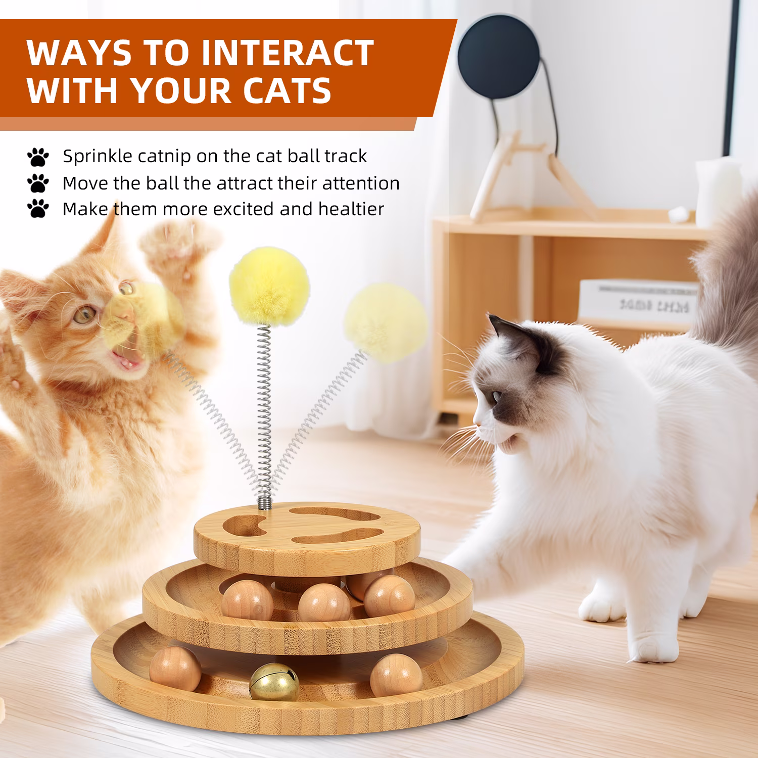DoogCat Interactive Cat Ball Track Toy 2-Level Roller Tower with 5 Balls and Teaser Wand (Brown, 10 in x 10 in x 4 in) YRb6g