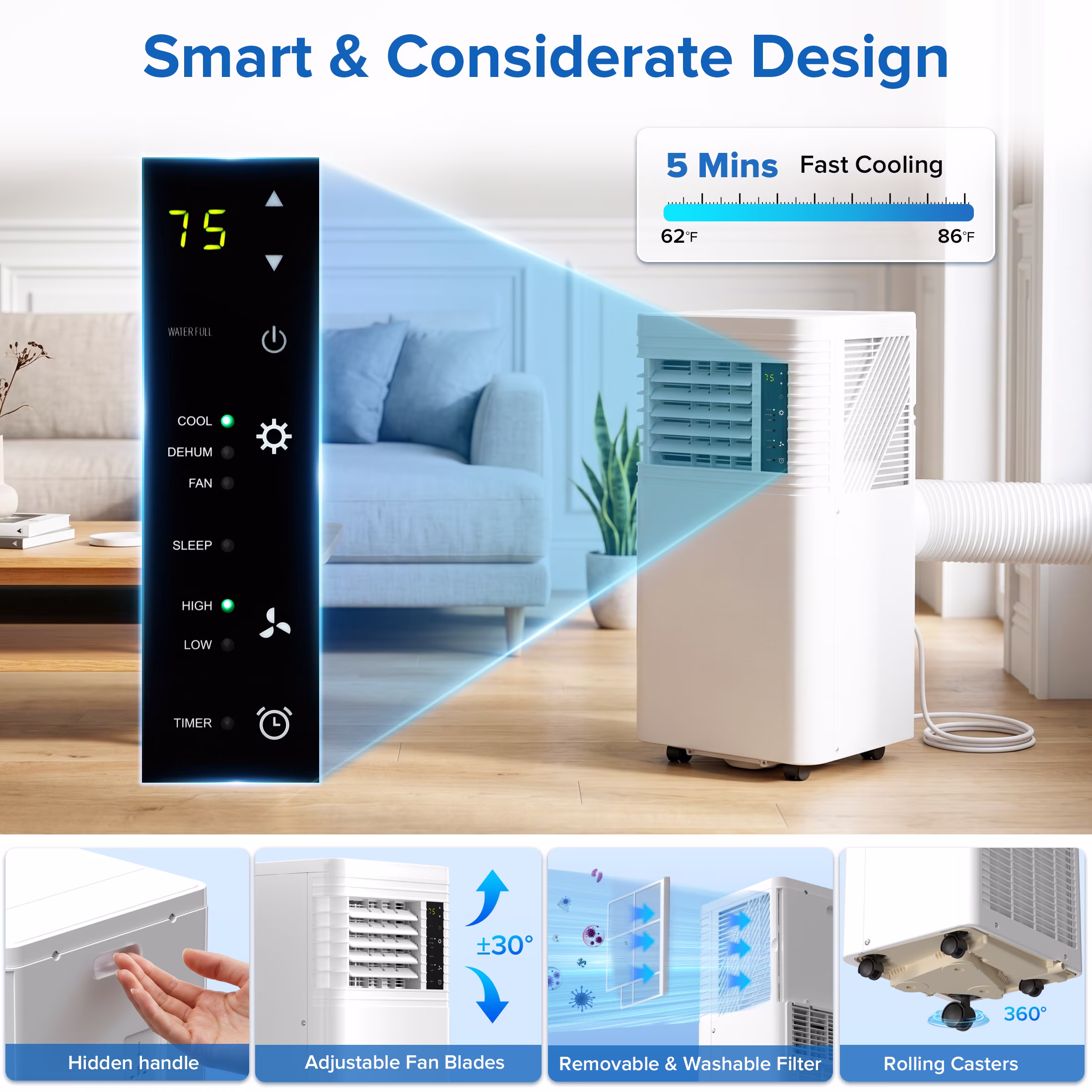 KISSAIR 8000 BTU Portable Air Conditioner, 4-in-1 Cooling, Dehumidifier, and Fan with Remote Control (Black, 350 Sq Ft) yaZVh - Image 6