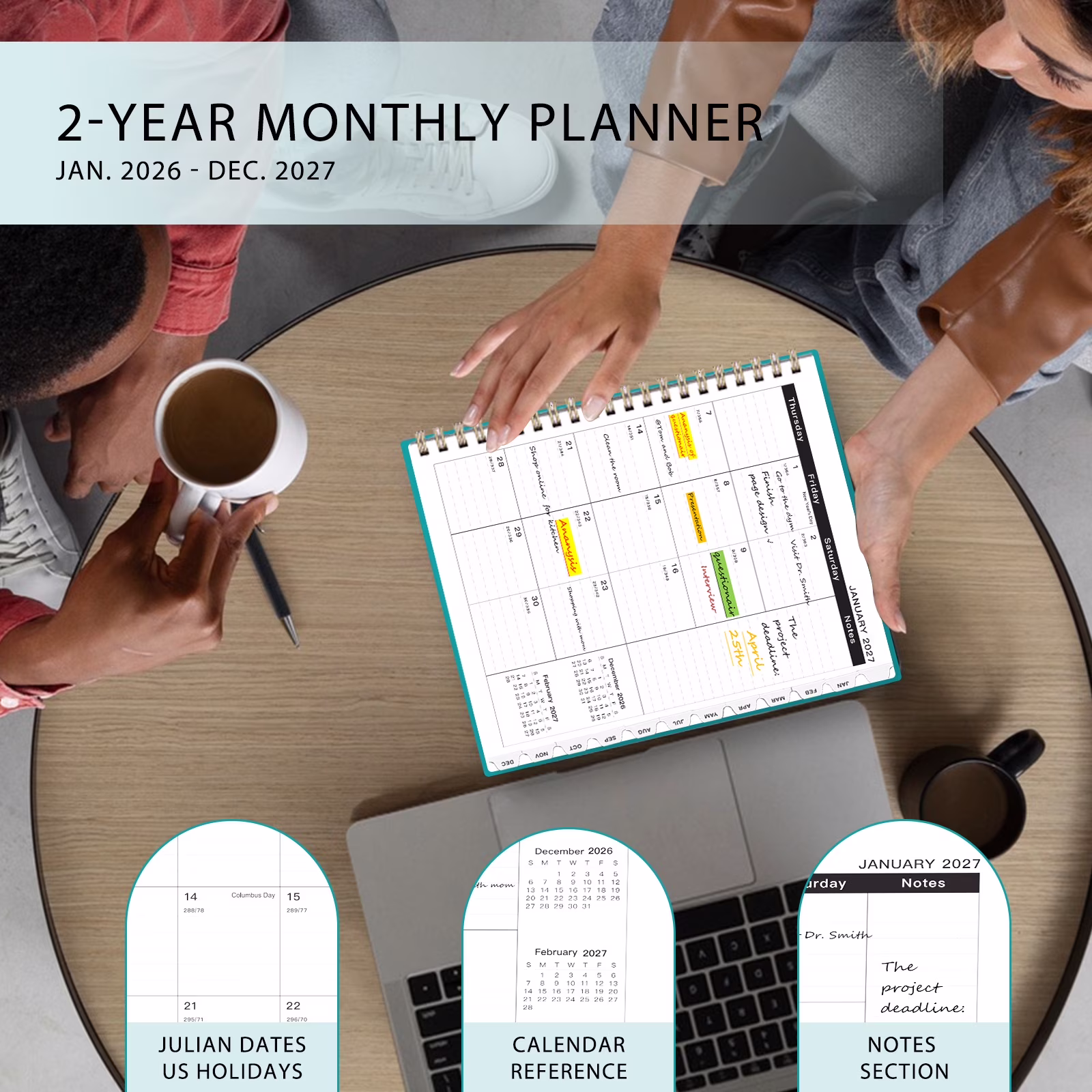 N/C 2026-2027 Monthly Planner, Large 24-Month Schedule Organizer with Lined Daily Blocks (Turquoise, 8.5 in x 11 in) hM9Ie