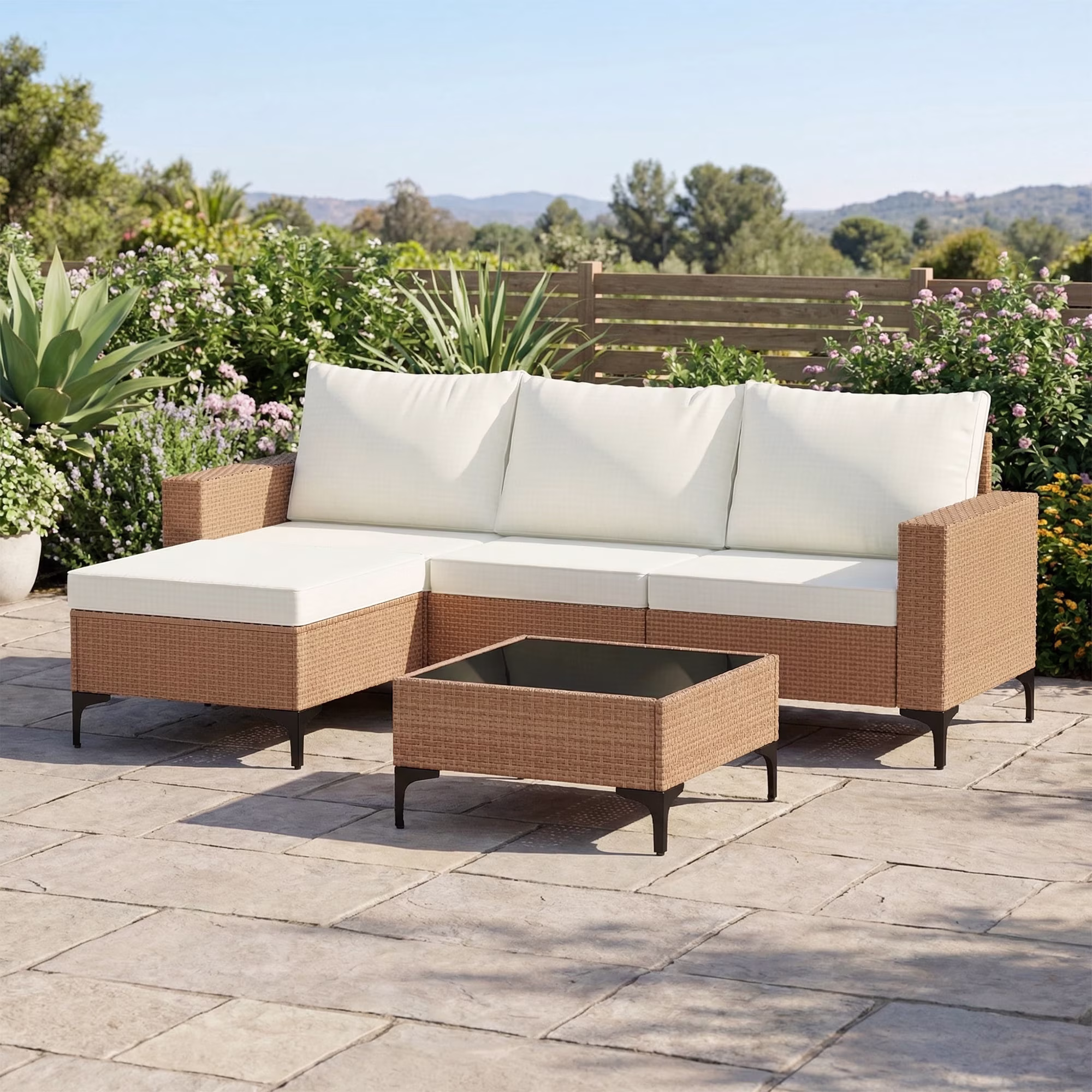 LAZZO 5-Piece Patio Conversation Set, Boho Outdoor Wicker Furniture with Cushions and Glass Coffee Table (Beige, 5-Piece) DpjH9 - Image 7