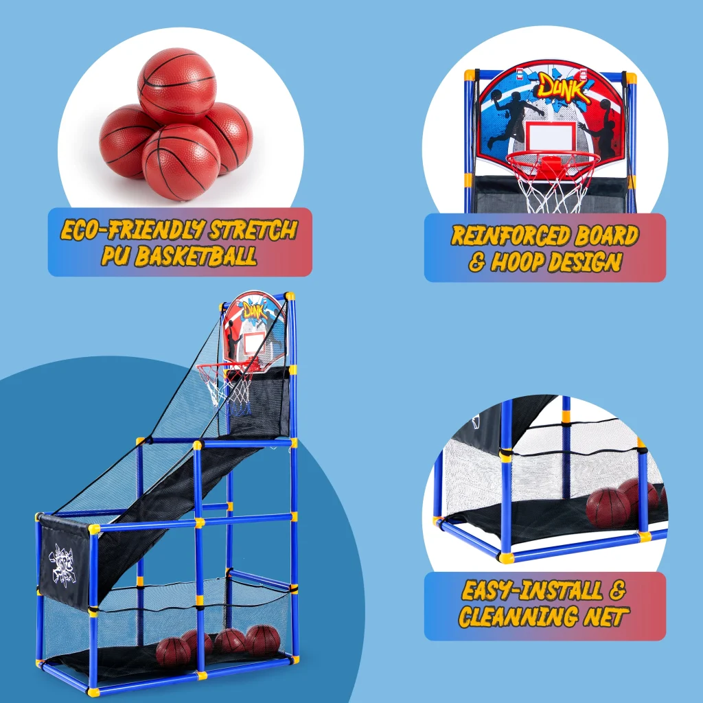 Joyfy Indoor Arcade Basketball Hoop Set with 4 Balls (Blue, 44 in - 55 in) fue3H