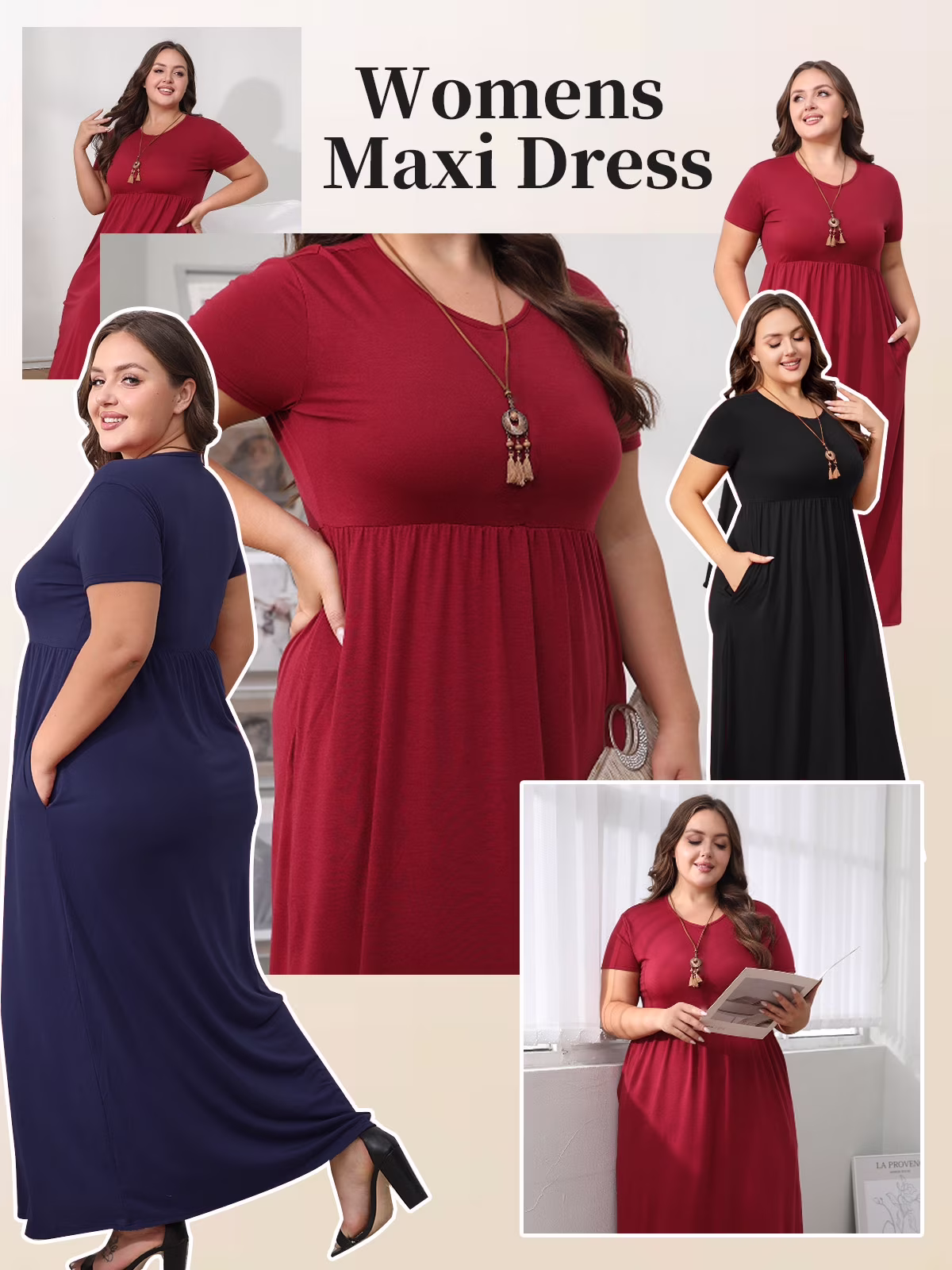 Mengpipi Women's Short Sleeve Maxi Dress Casual Loose Fit with Pockets (Navy Blue, M) g2d0b