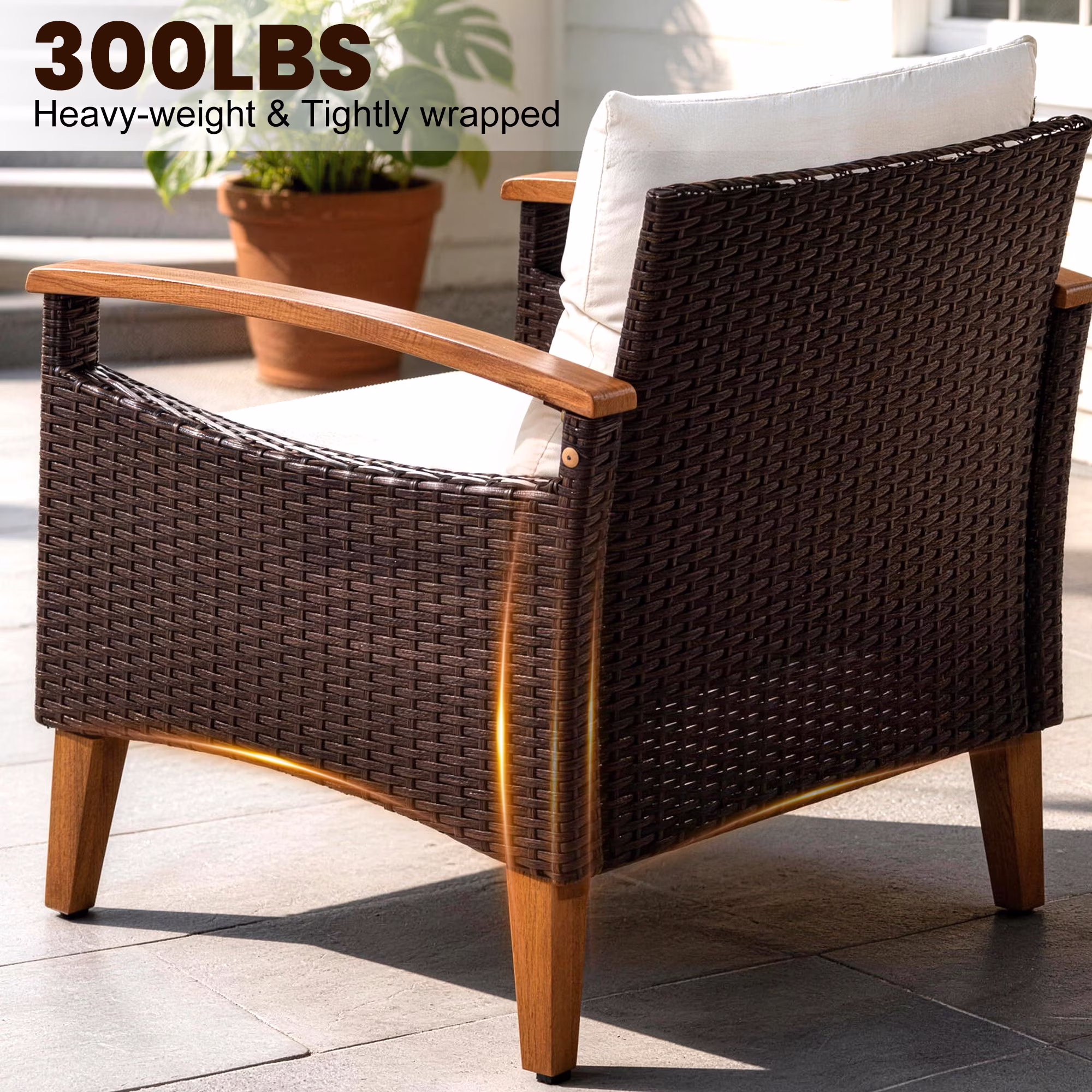 Seizeen 4-Piece Patio Furniture Set, PE Rattan Outdoor Conversation Set with Acacia Wood Accents (Brown, 4-Piece Set) yFLTy