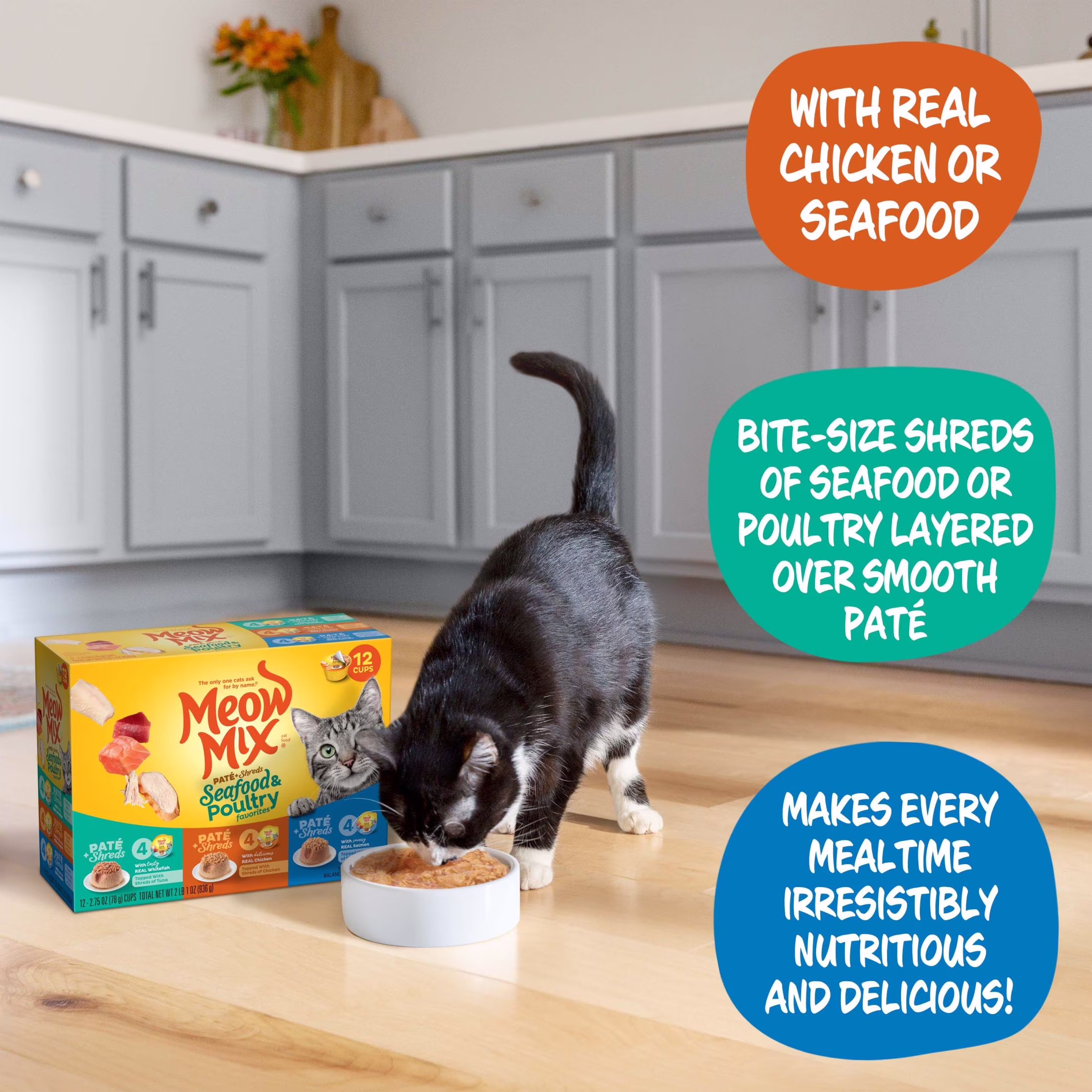 Meow Mix Pate Toppers Seafood & Poultry Variety Pack Wet Cat Food (Multi-Flavor, 12 Pack of 2.75 oz Cups) ffqAC