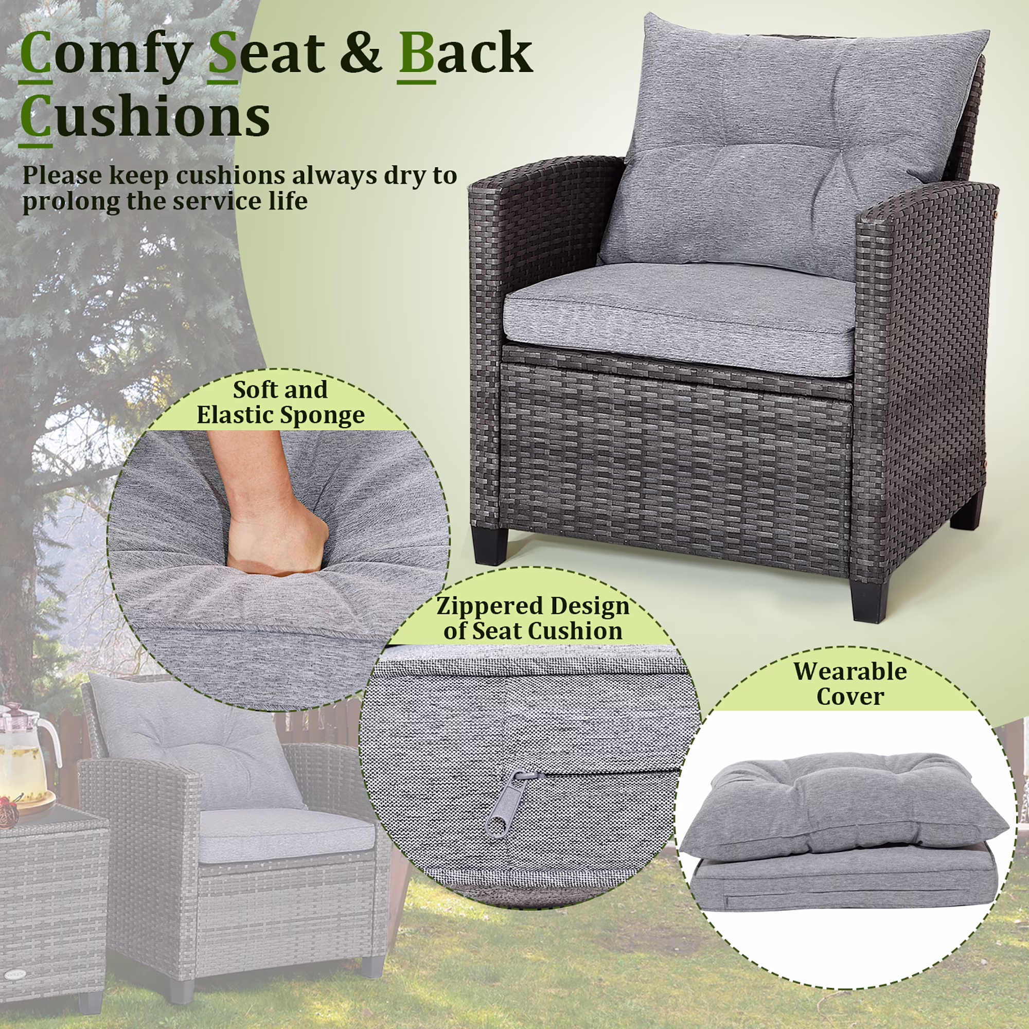 Gymax 3-Piece Patio Rattan Sofa Set Outdoor Wicker Conversation Furniture with Glass Tabletop (Grey, 3-Piece Set) 1vO0G - Image 9