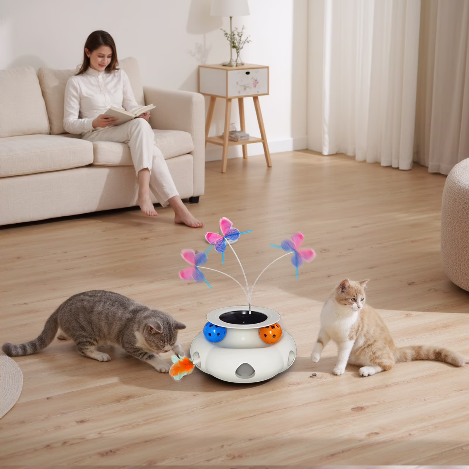 UniMaxLink Electric Interactive Cat Toy, Automatic Rotating Butterfly Feather Wand for Indoor Exercise (White, 1 Pack) BYZlg