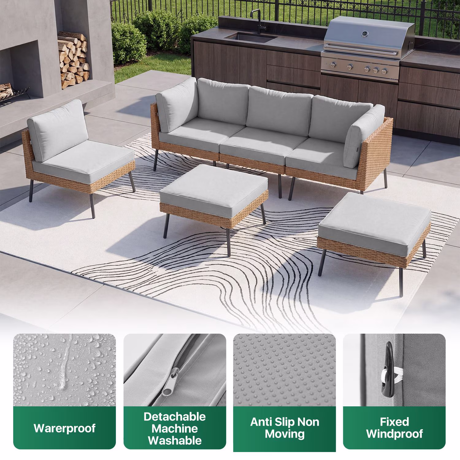 Sunmthink 6-Piece All Weather Wicker Patio Sectional Set with Water Resistant Cushions and Glass Coffee Table (Light Gray) of2WD - Image 4