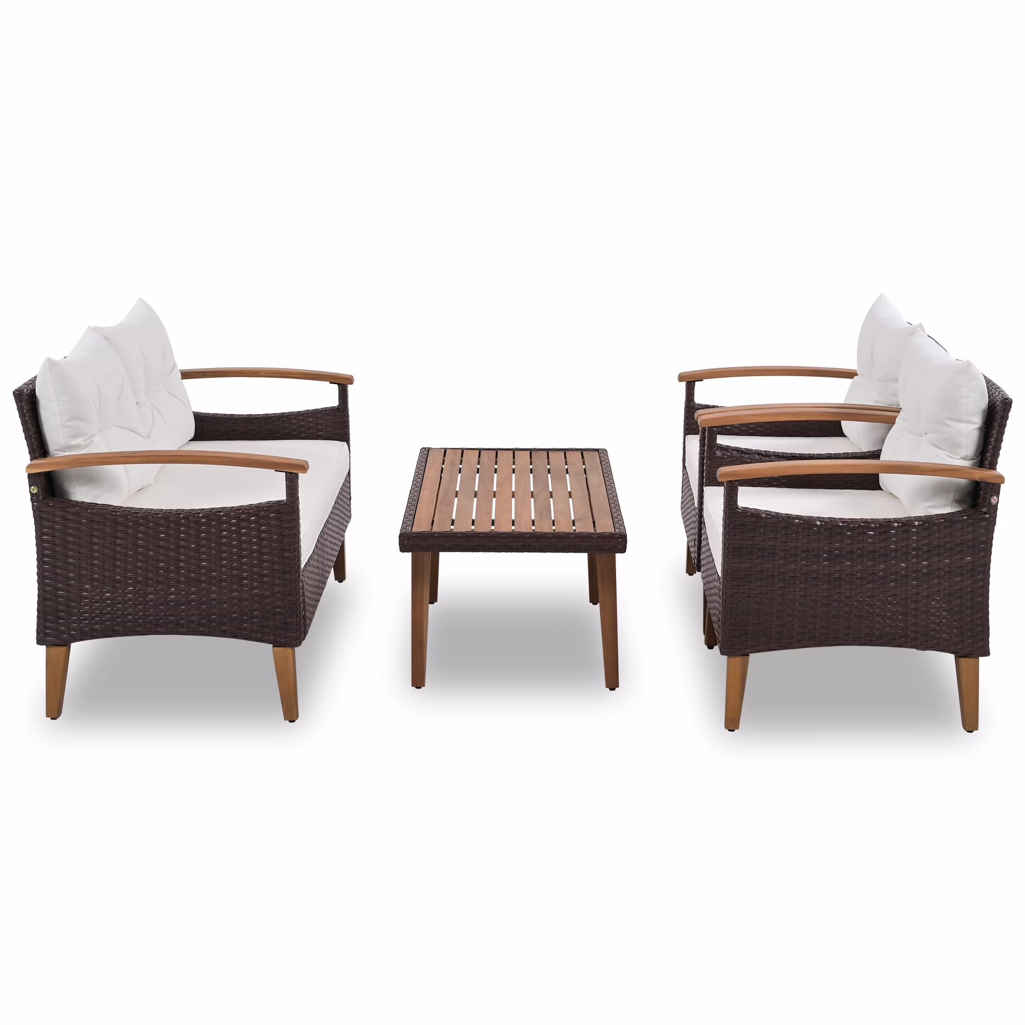 Seizeen 4-Piece Patio Furniture Set, PE Rattan Outdoor Conversation Set with Acacia Wood Accents (Brown, 4-Piece Set) yFLTy