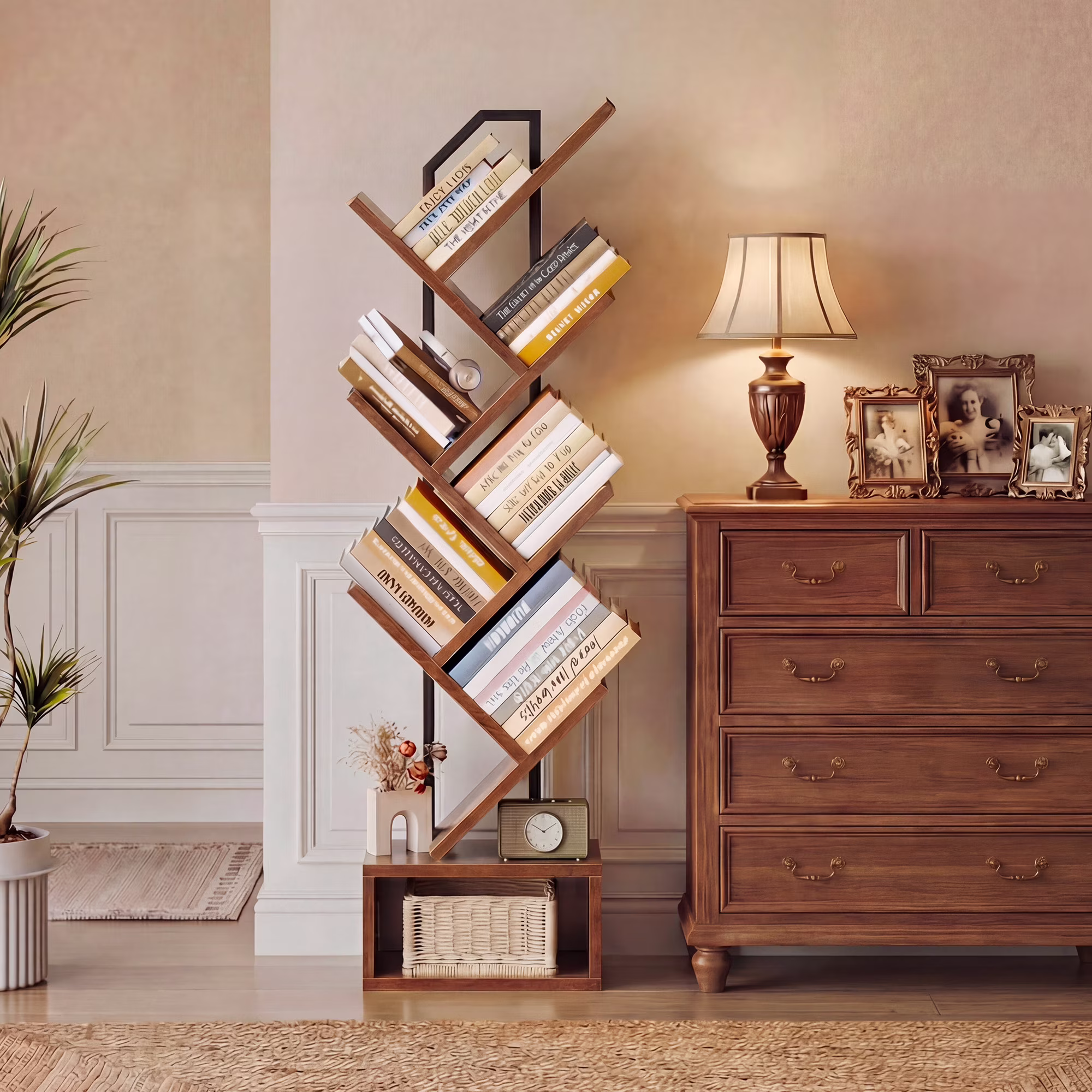 Casacomoda 6-Tier Tree Bookshelf, Narrow Wood and Steel Floor Standing Book Organizer with Storage Cabinet (Brown, 6-Tier) Uzn1E - Image 2