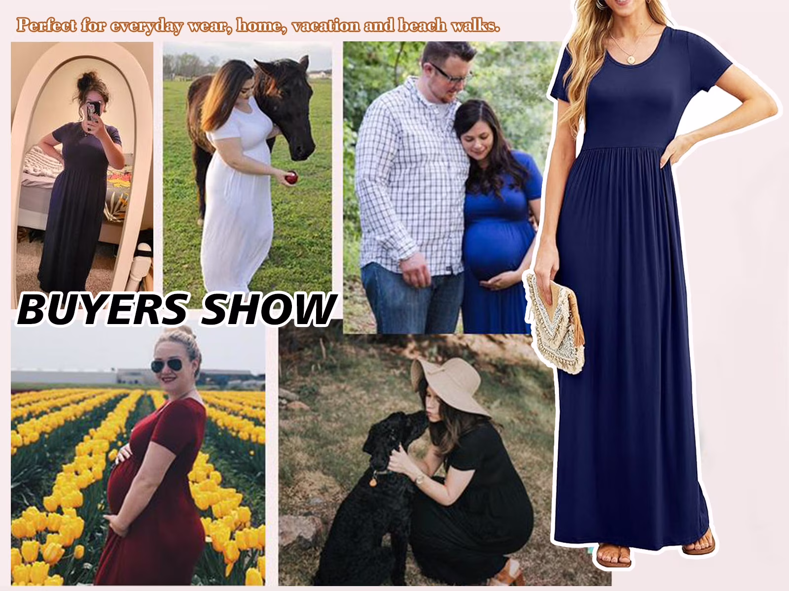 Mengpipi Women's Short Sleeve Maxi Dress Casual Loose Fit with Pockets (Navy Blue, M) g2d0b