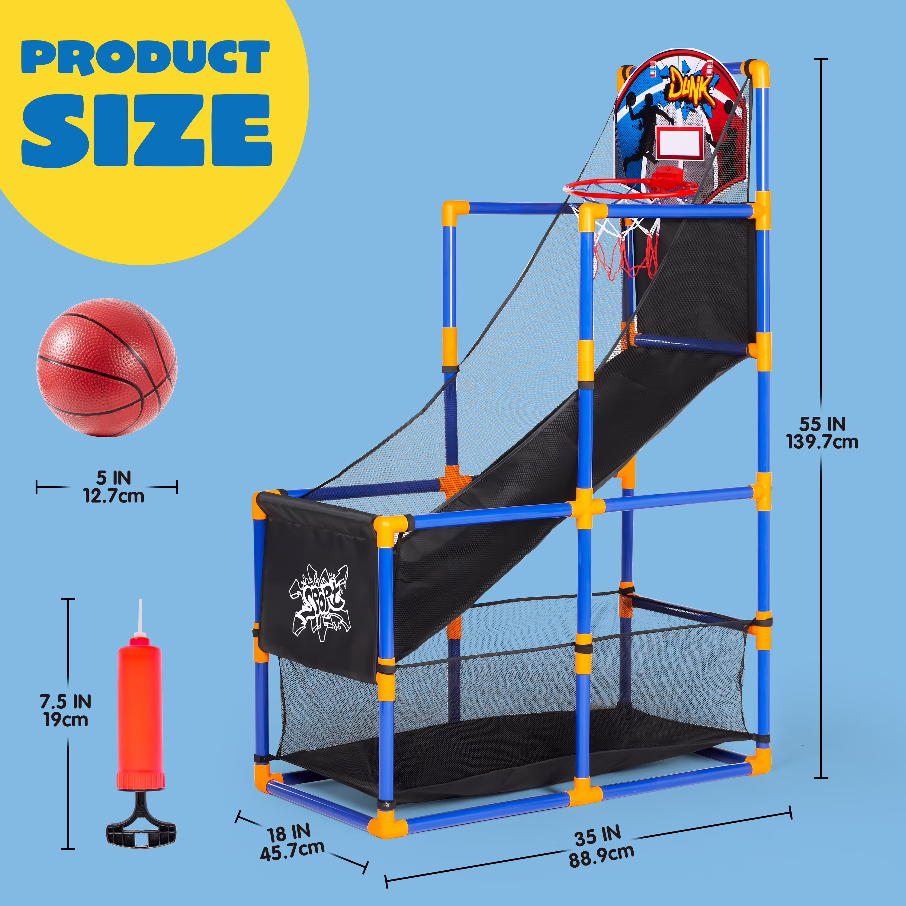 Joyfy Indoor Arcade Basketball Hoop Set with 4 Balls (Blue, 44 in - 55 in) fue3H
