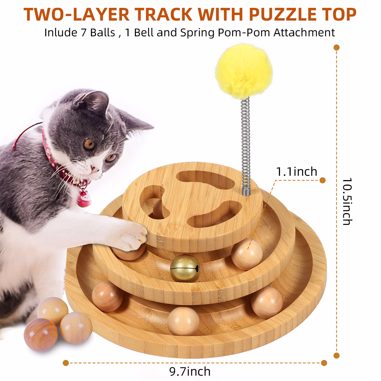 DoogCat Interactive Cat Ball Track Toy 2-Level Roller Tower with 5 Balls and Teaser Wand (Brown, 10 in x 10 in x 4 in) YRb6g