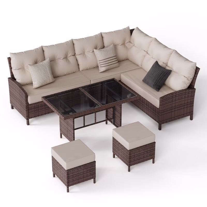 ELPOSUN 7-Piece Outdoor Patio Furniture Set (All-Weather Rattan Sectional Sofa with Dining Table and Ottomans, Brown/Khaki) 7U5ww - Image 7